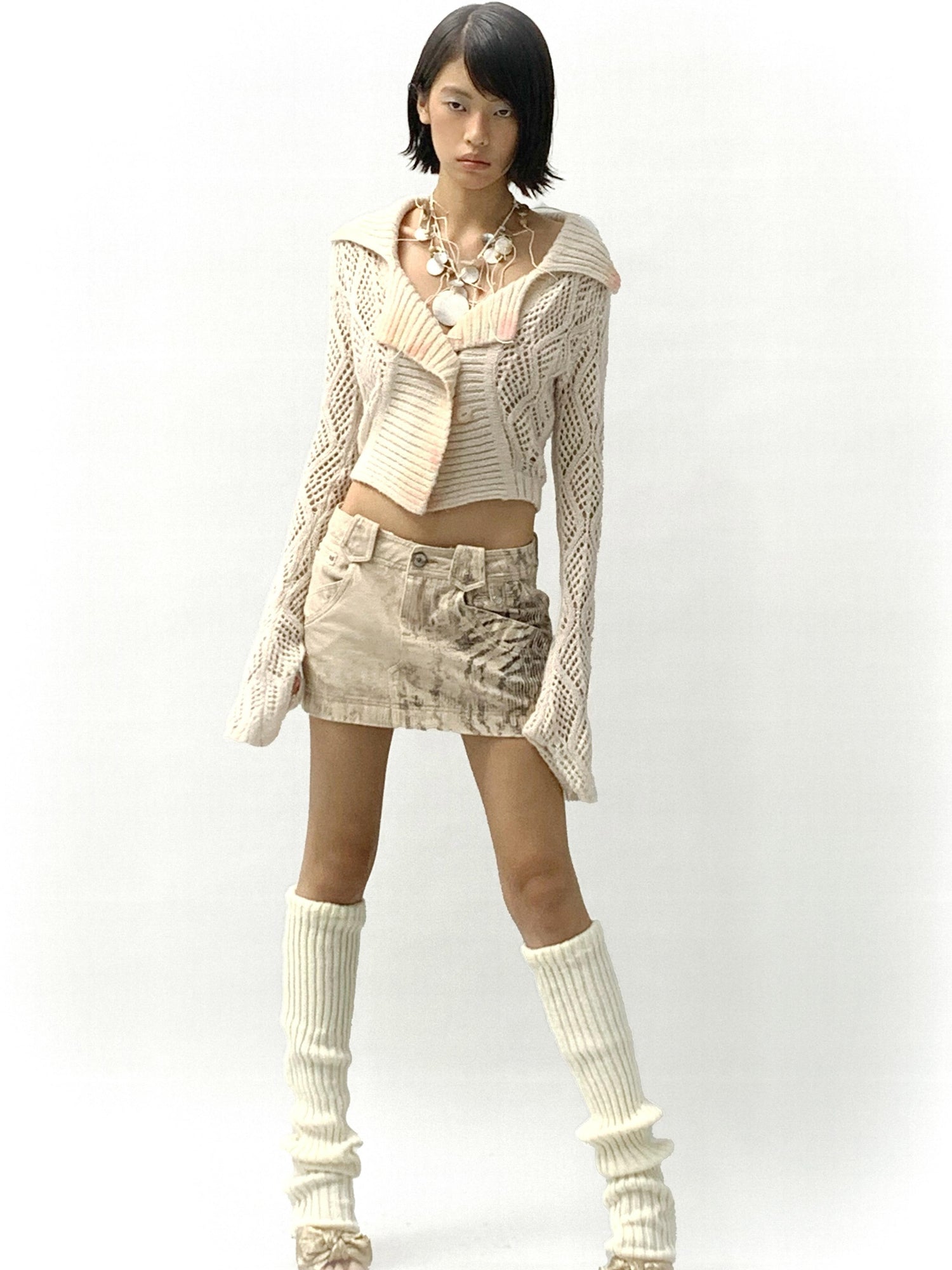 Flowers birds Market Gradient Leopard Print Washed Denim Mini Skirt