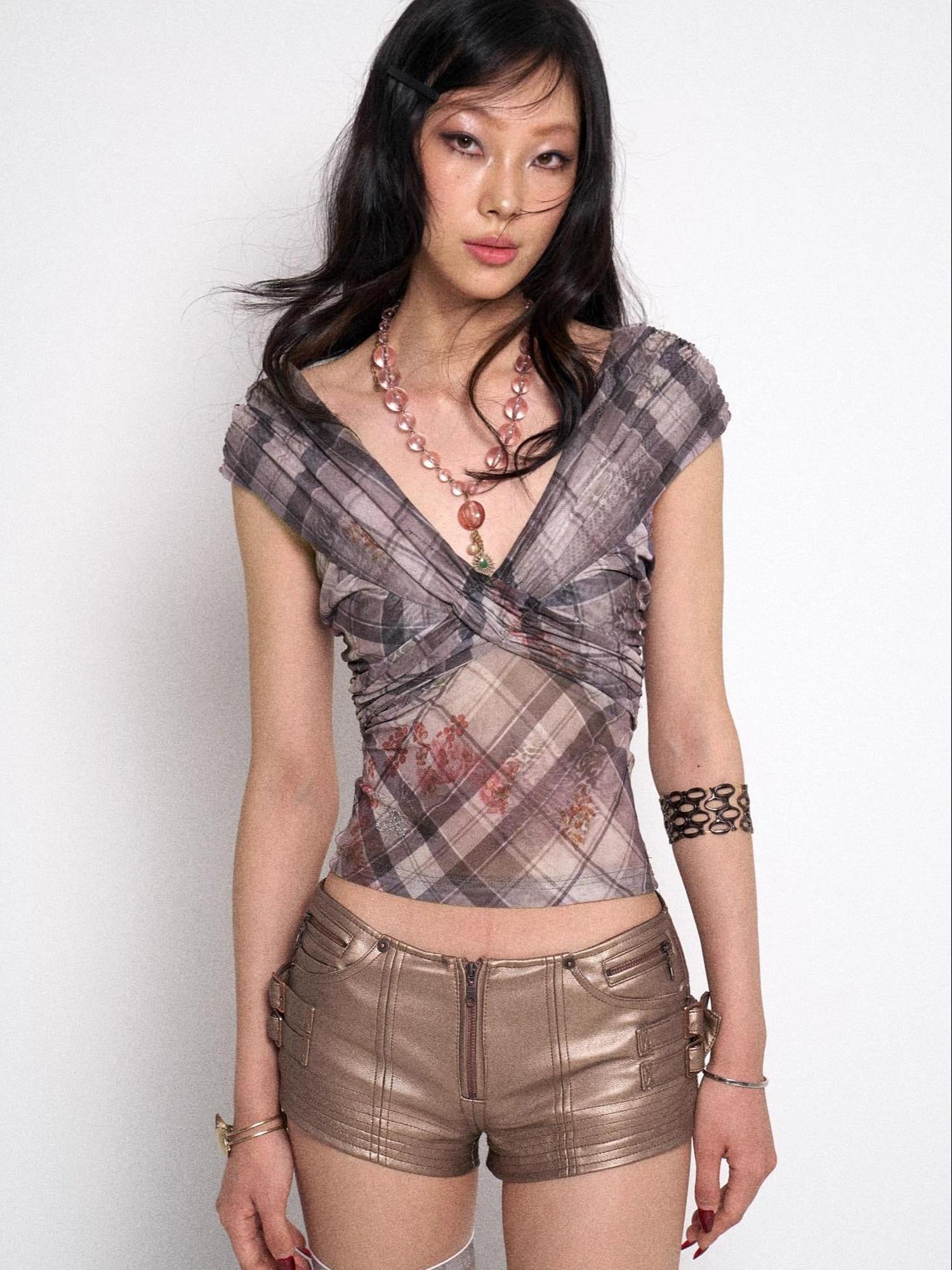 Flowers birds Market Grid Floral Sheer Mesh Camisole Top