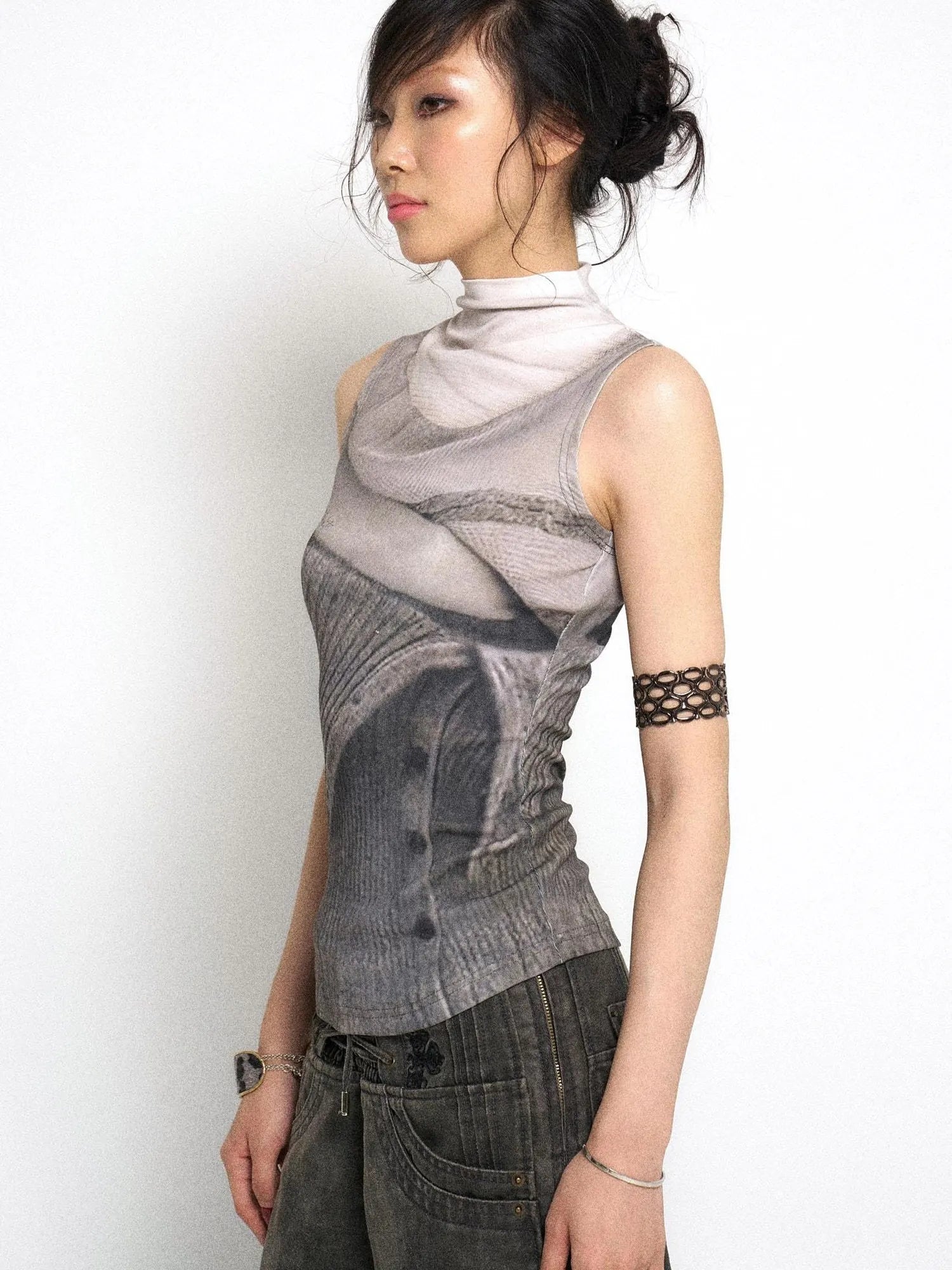 High Neck Knitted Sweater Elongated Fit Custom Logo Grey