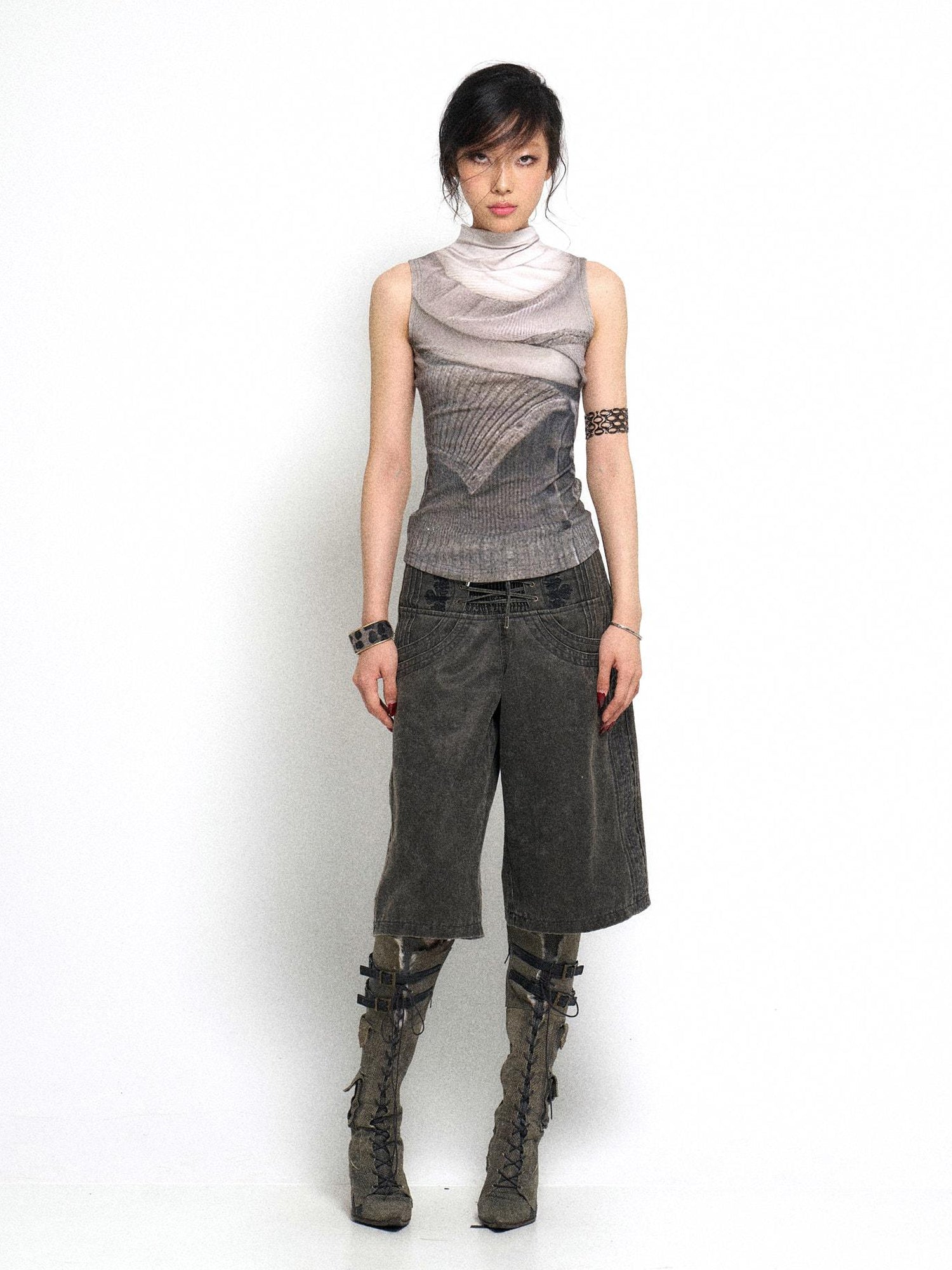 Flowers birds Market High Neck Knitted Sweater Elongated Fit Custom Logo Grey