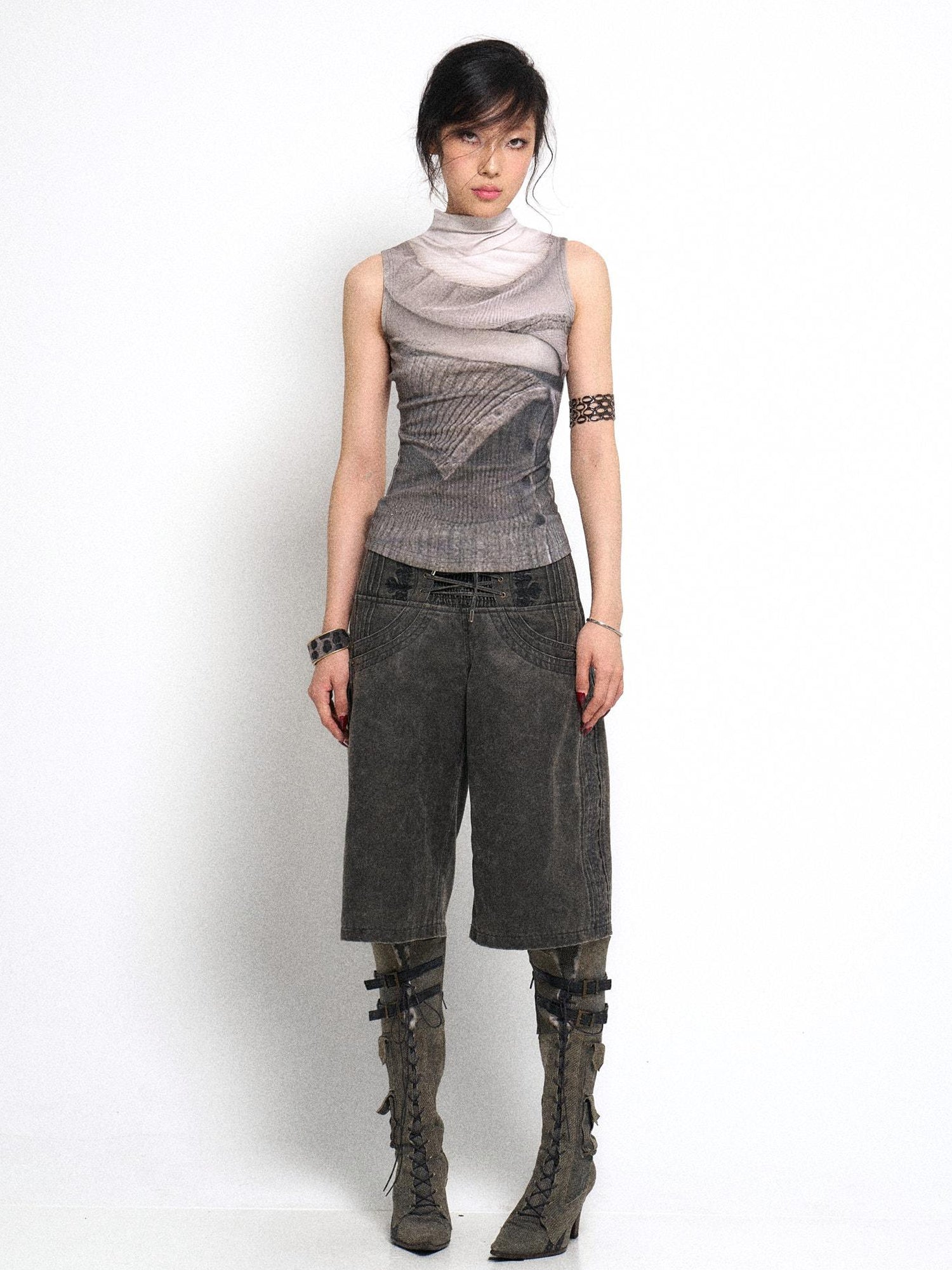 Flowers birds Market High Neck Knitted Sweater Elongated Fit Custom Logo Grey