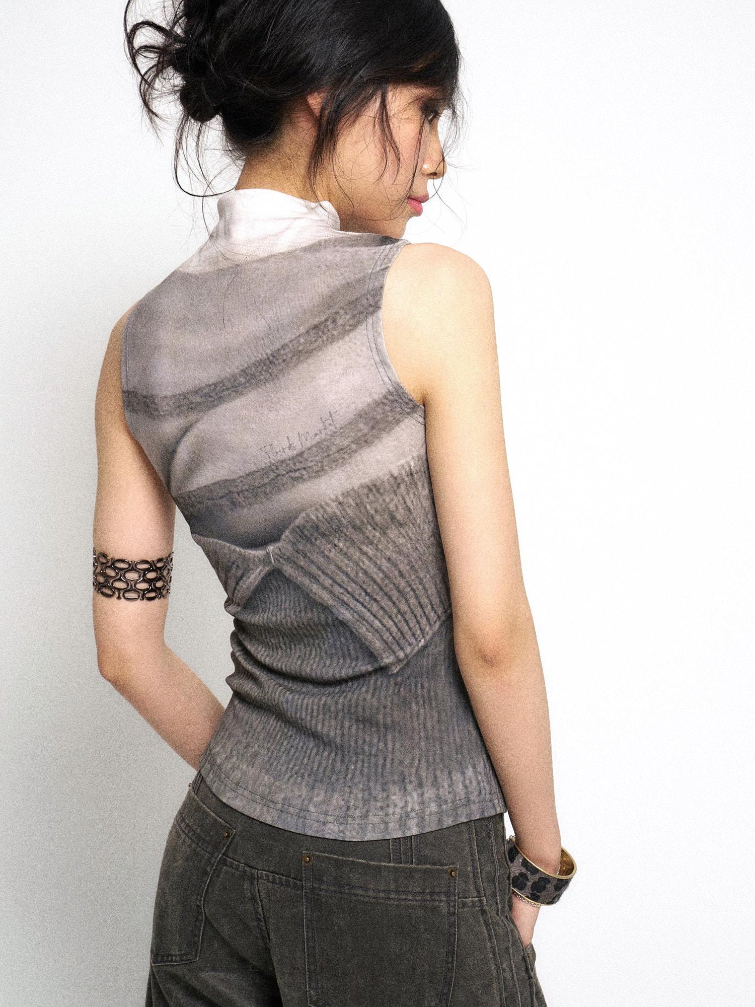 Flowers birds Market High Neck Knitted Sweater Elongated Fit Custom Logo Grey