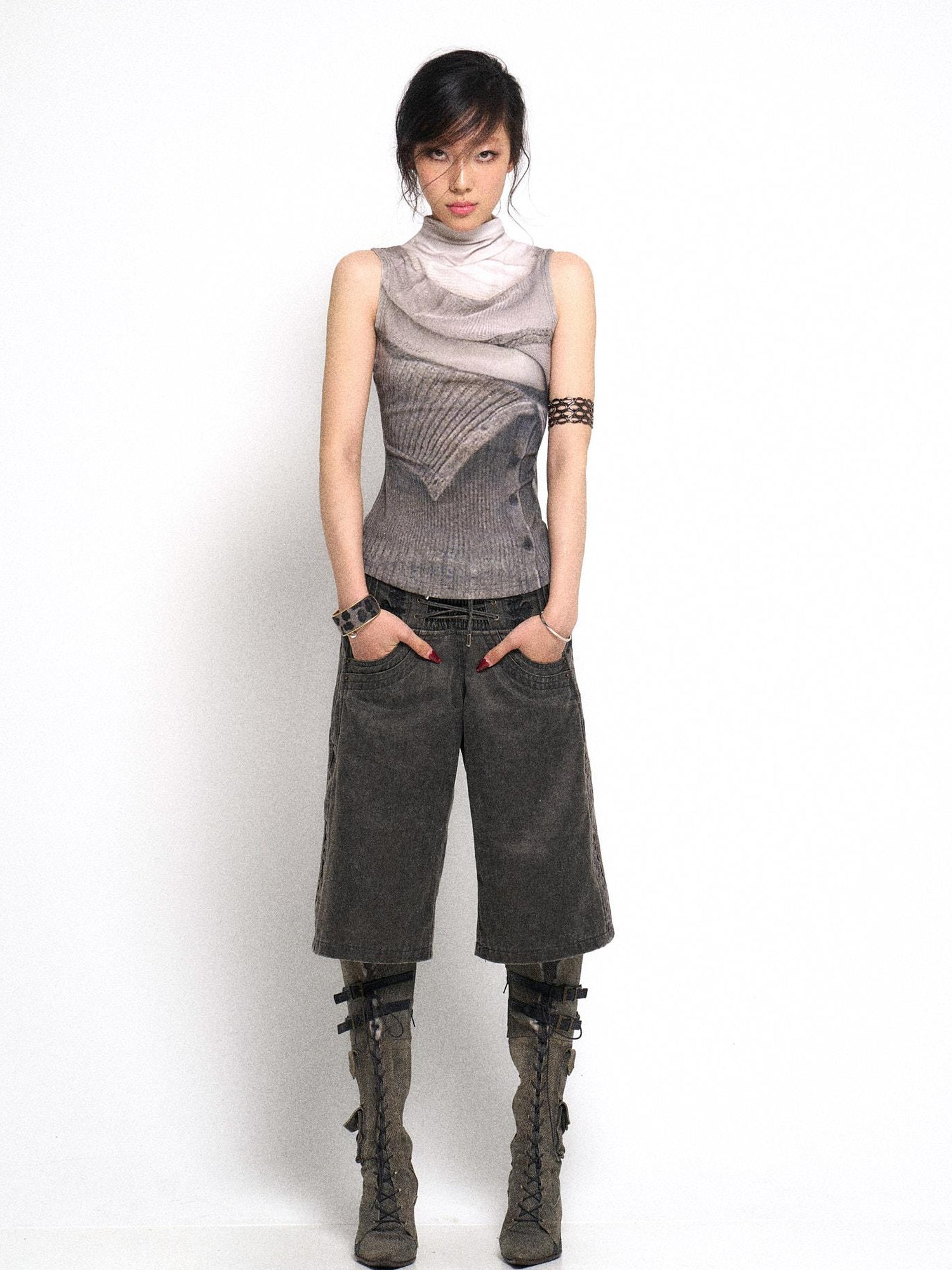 Flowers birds Market High Neck Knitted Sweater Elongated Fit Custom Logo Grey