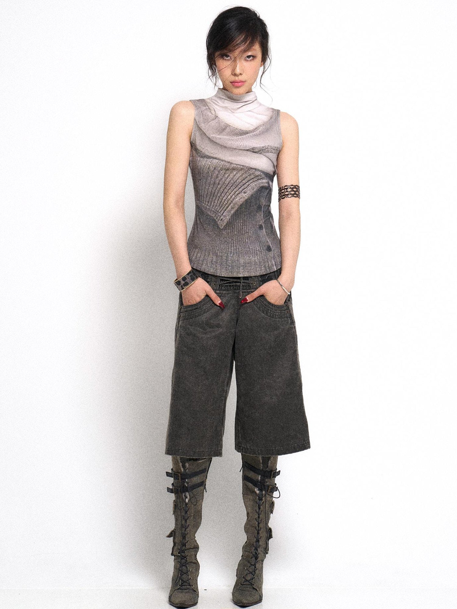 Flowers birds Market High Neck Knitted Sweater Elongated Fit Custom Logo Grey
