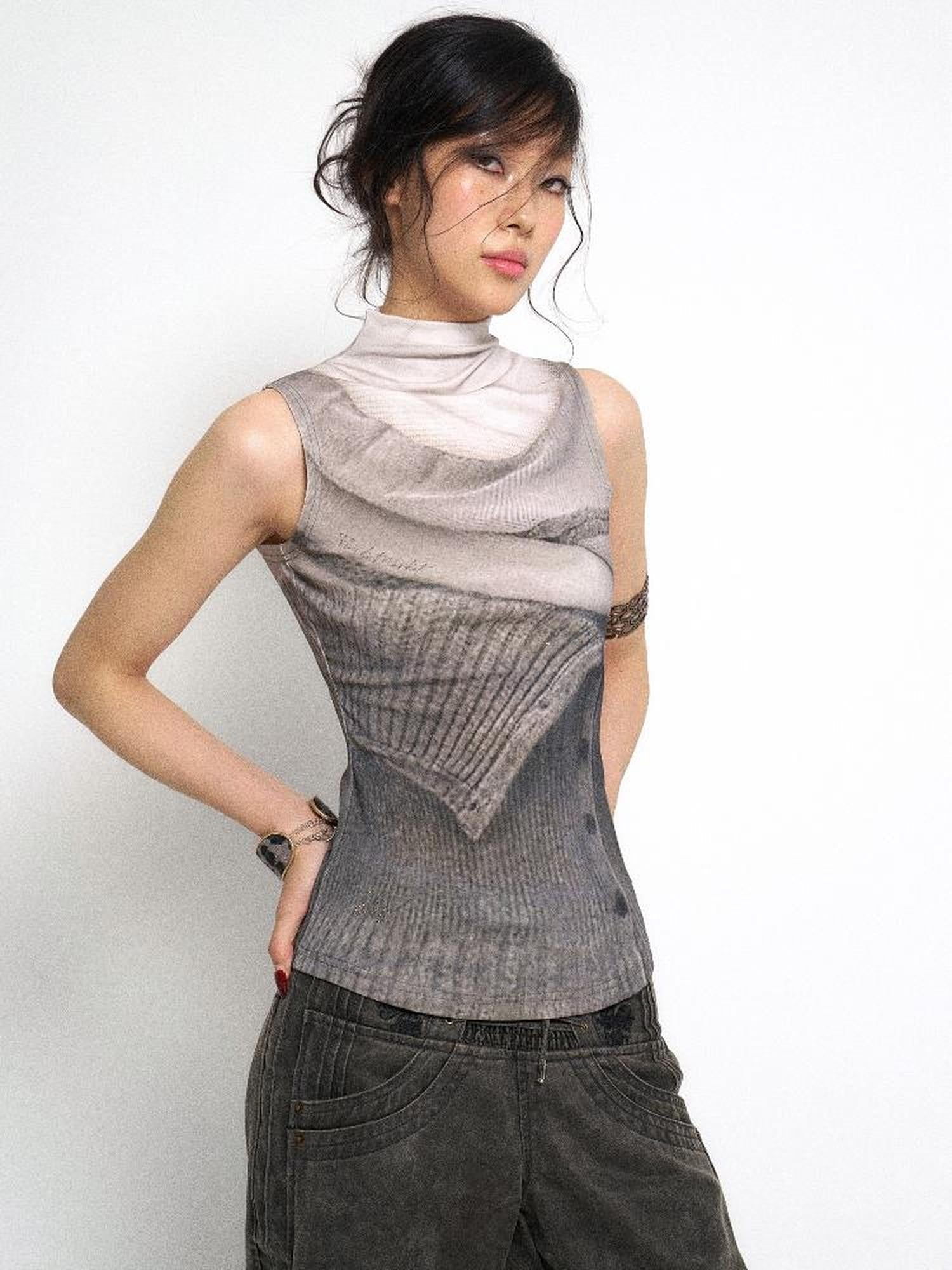 Flowers birds Market High Neck Knitted Sweater Elongated Fit Custom Logo Grey