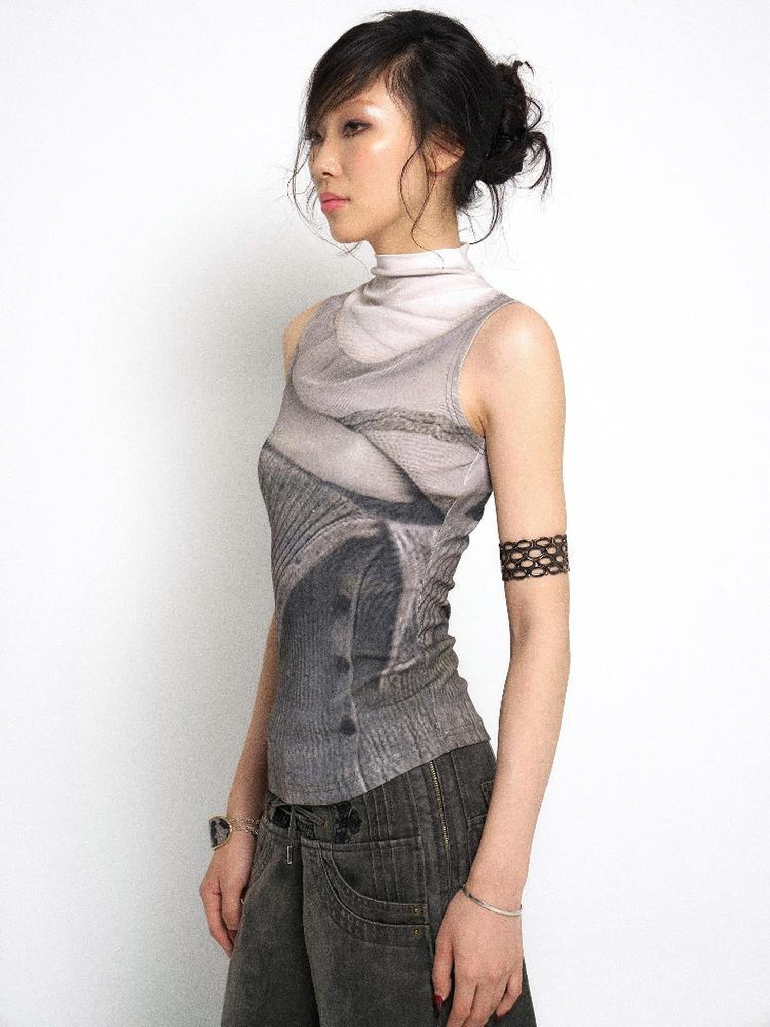 Flowers birds Market High Neck Knitted Sweater Elongated Fit Custom Logo Grey