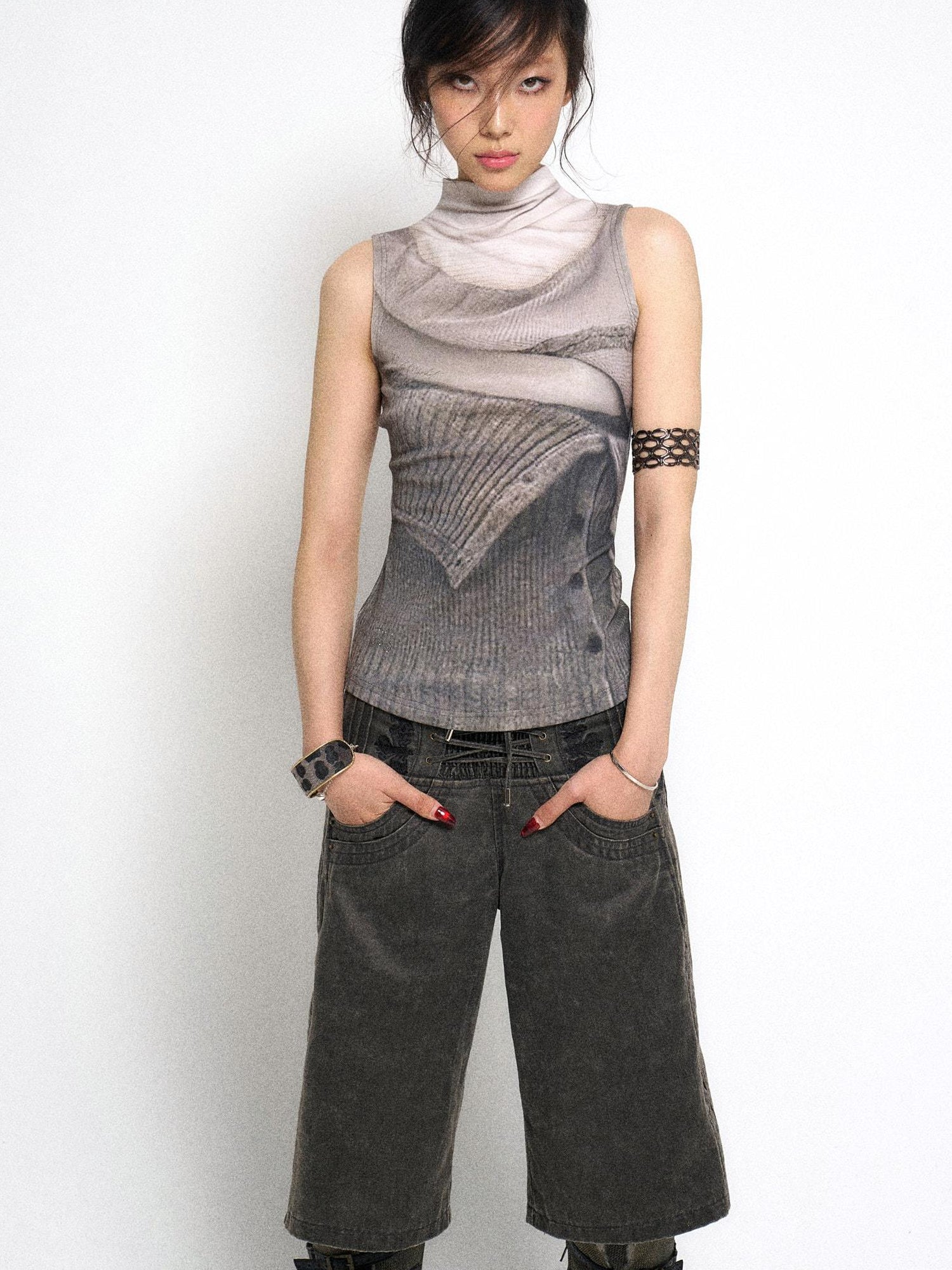 Flowers birds Market High Neck Knitted Sweater Elongated Fit Custom Logo Grey
