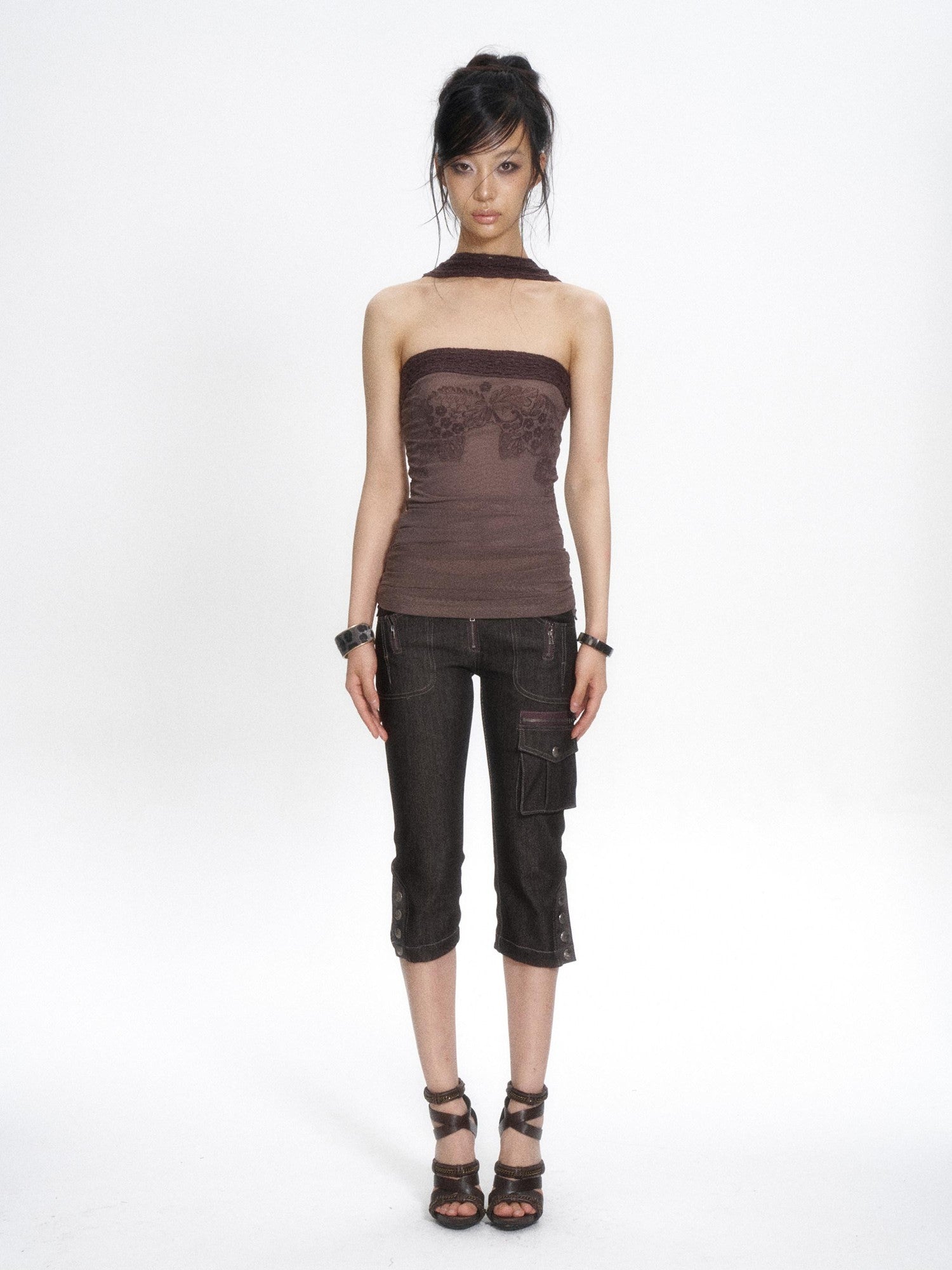 Flowers birds Market Hollow Knit Patchwork Flocked Print Mesh Ruched Women&