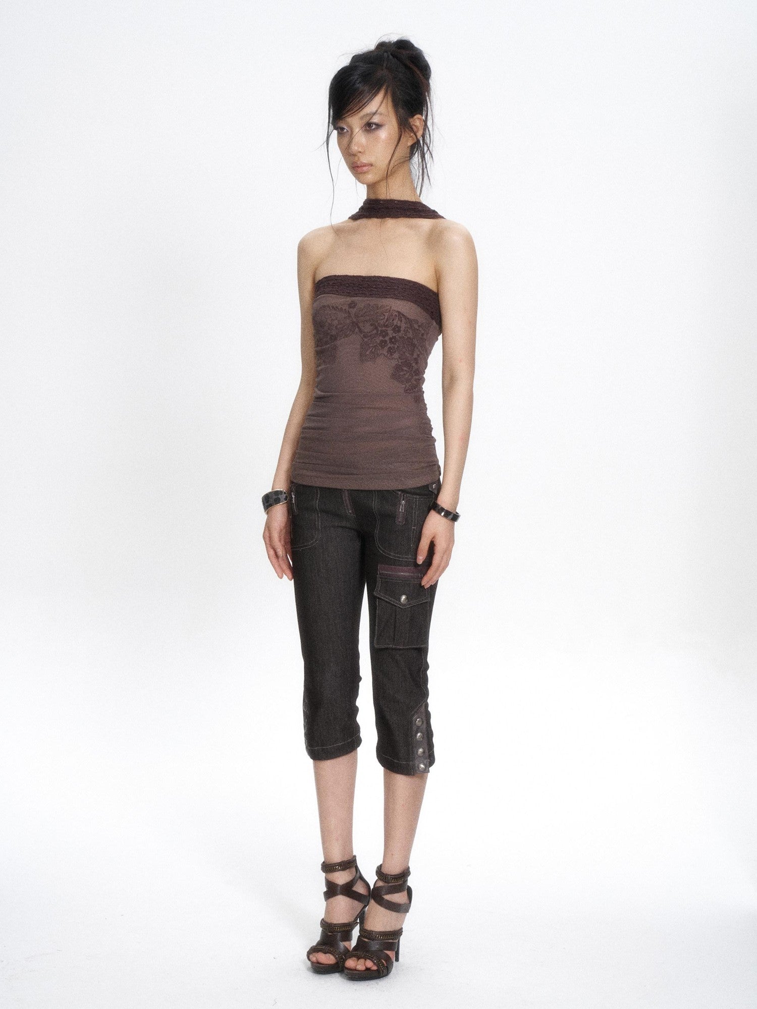 Flowers birds Market Hollow Knit Patchwork Flocked Print Mesh Ruched Women&