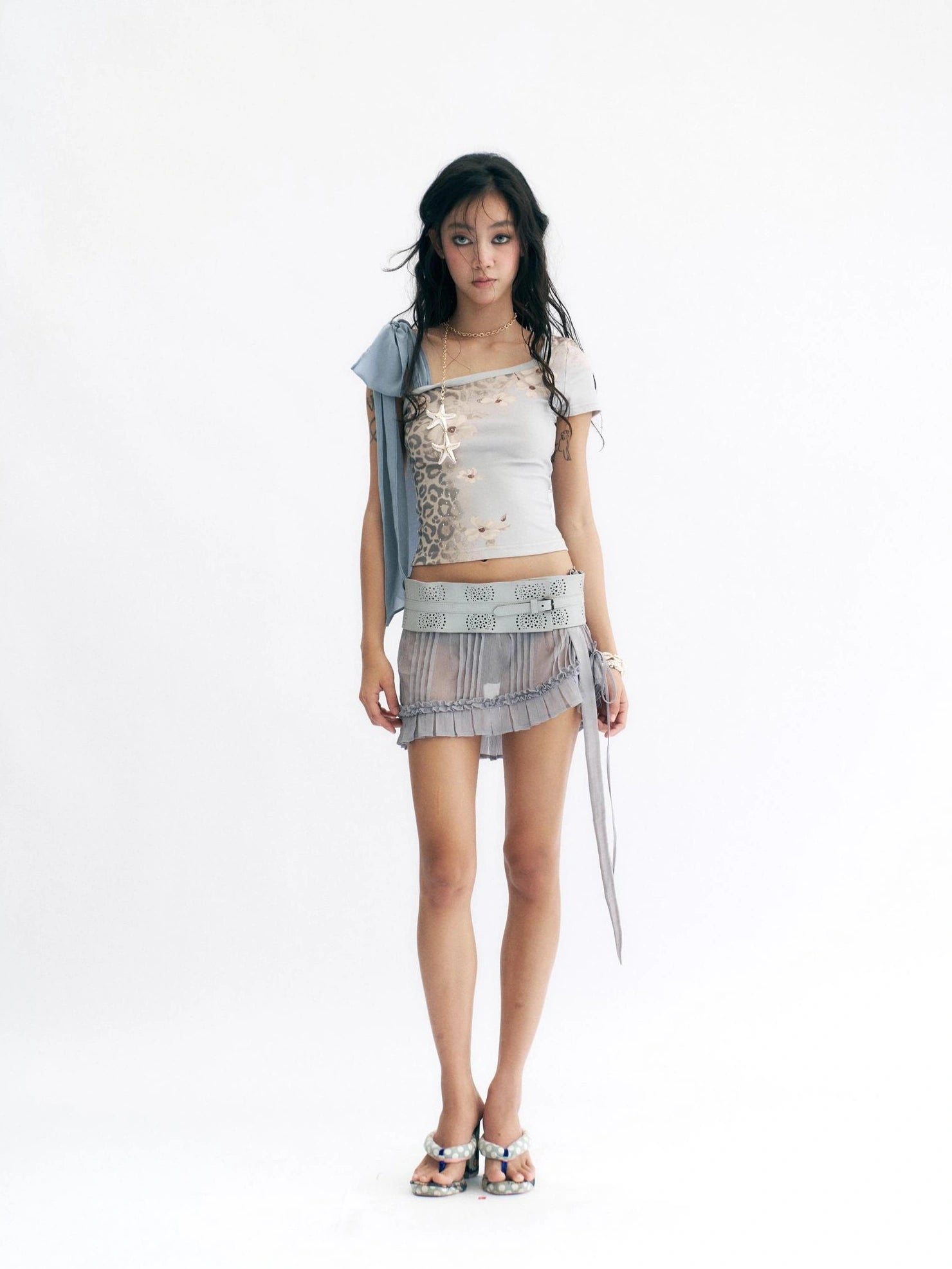 Flowers birds Market Hot Girl Low Waist Ruched Mesh Cutout Tie Asymmetrical Women Citywalk Mini Skirt