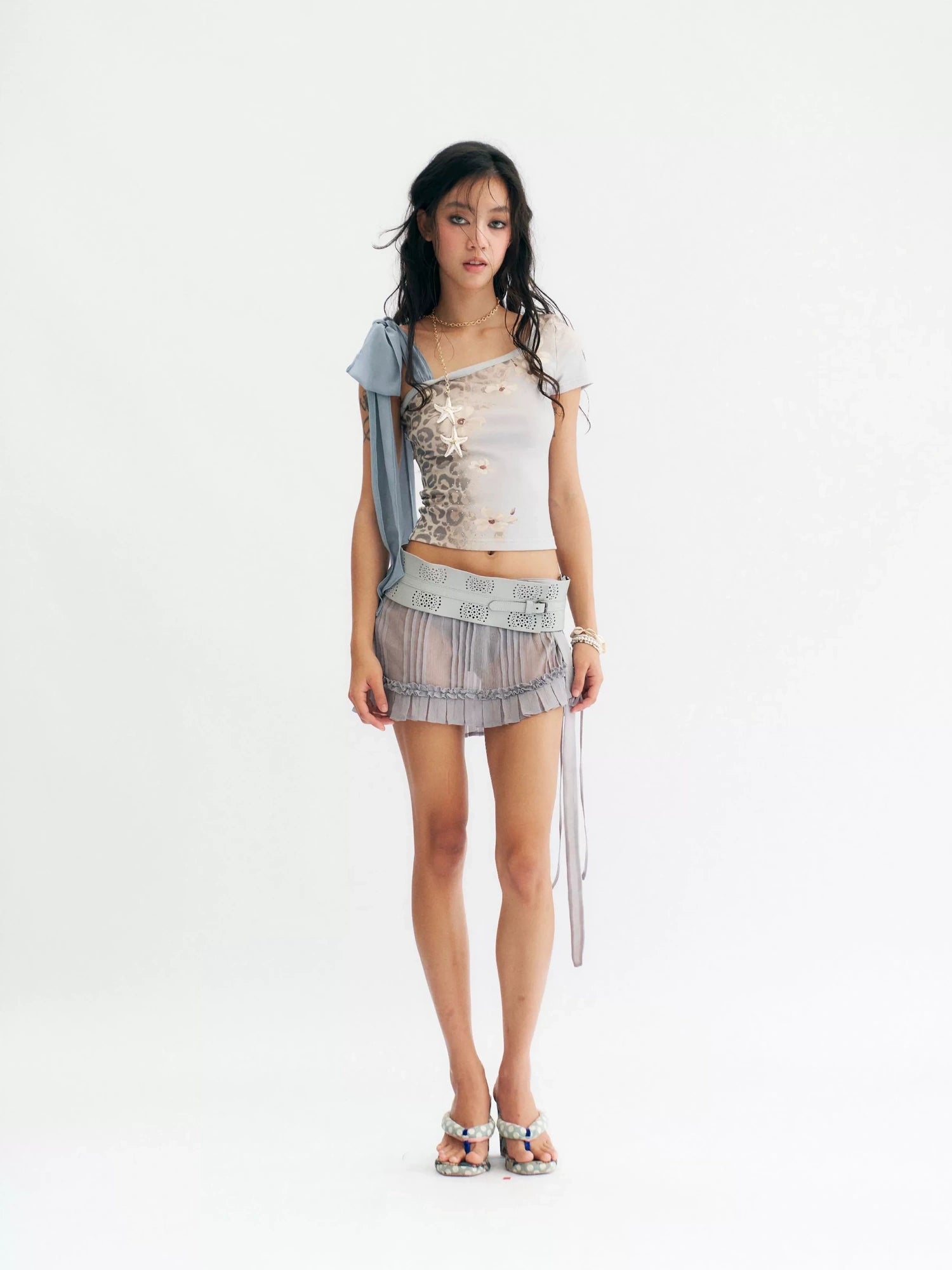 Flowers birds Market Hot Girl Low Waist Ruched Mesh Cutout Tie Asymmetrical Women Citywalk Mini Skirt