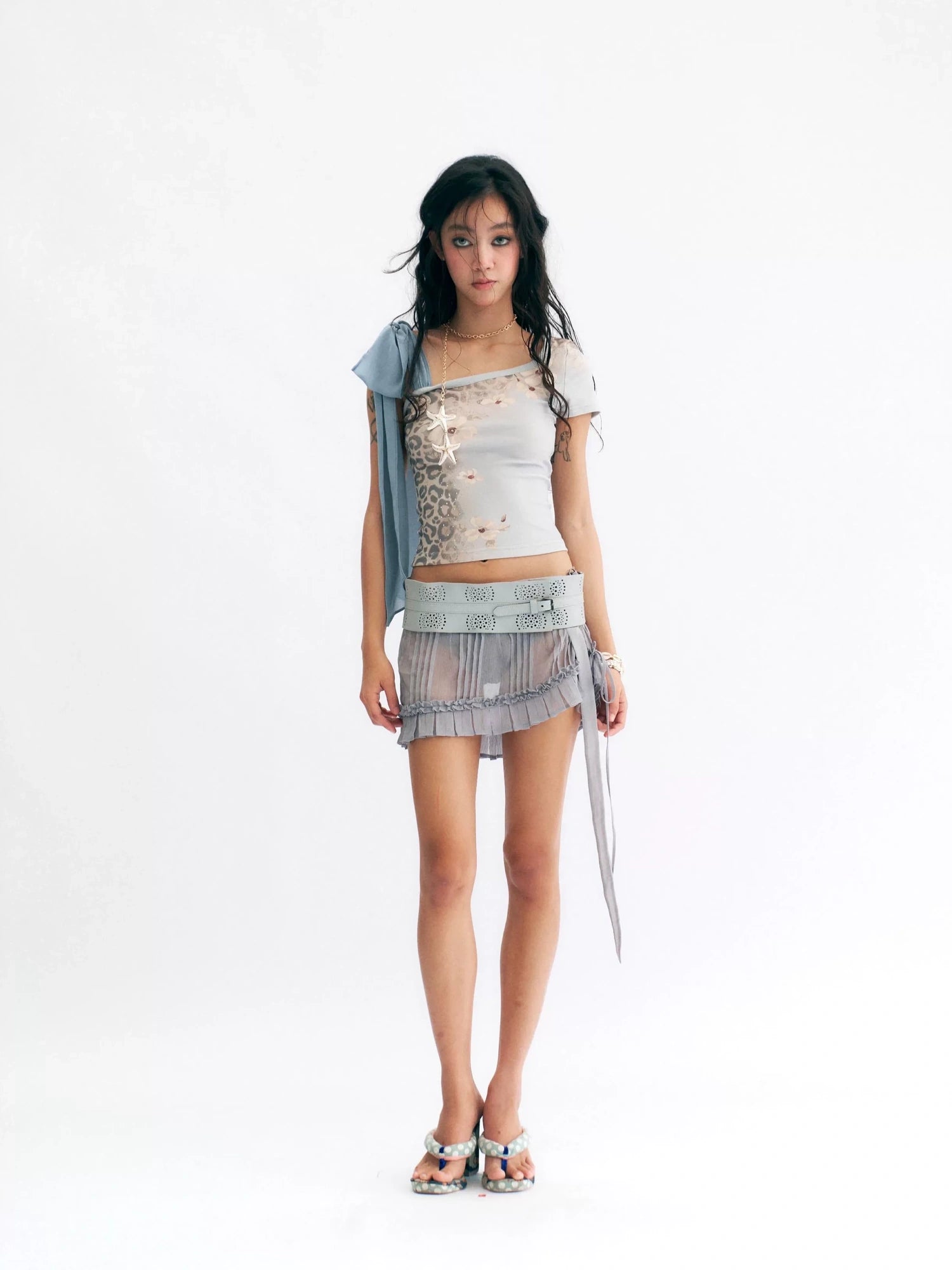 Flowers birds Market Hot Girl Low Waist Ruched Mesh Cutout Tie Asymmetrical Women Citywalk Mini Skirt