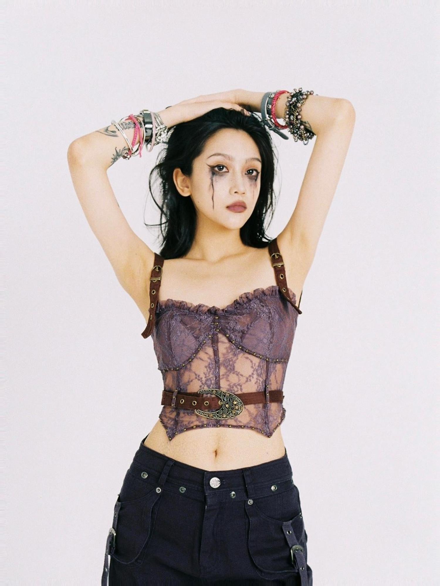 Flowers birds Market Lace Detailed Denim Corset Top With Free Belt