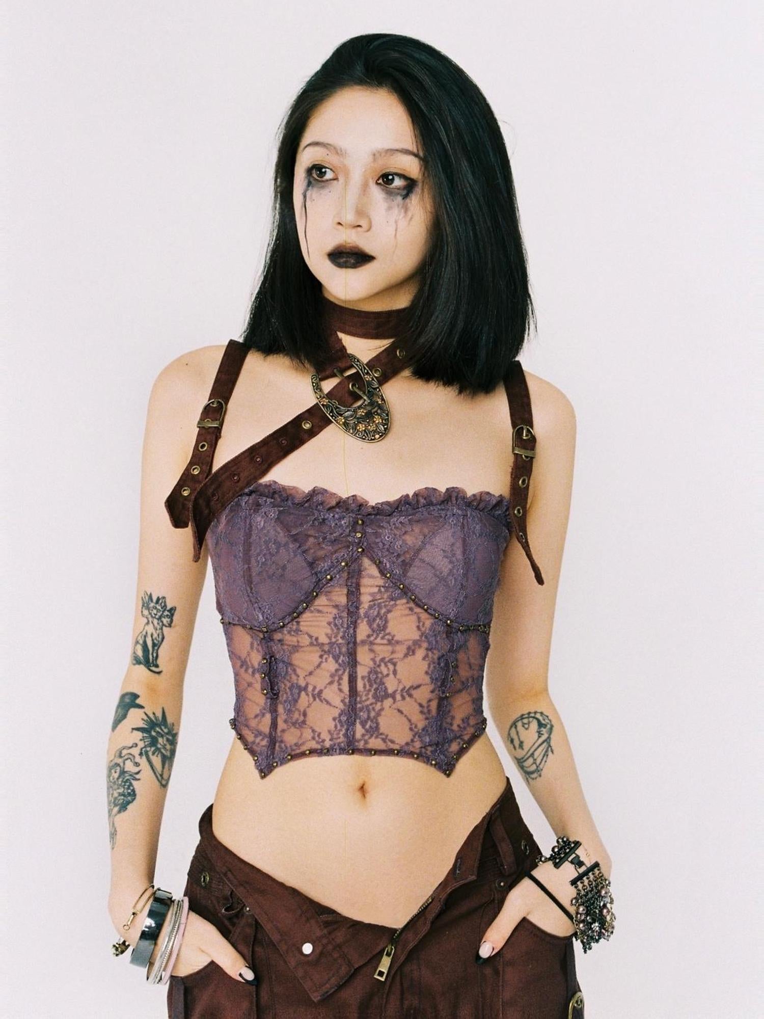 Flowers birds Market Lace Detailed Denim Corset Top With Free Belt