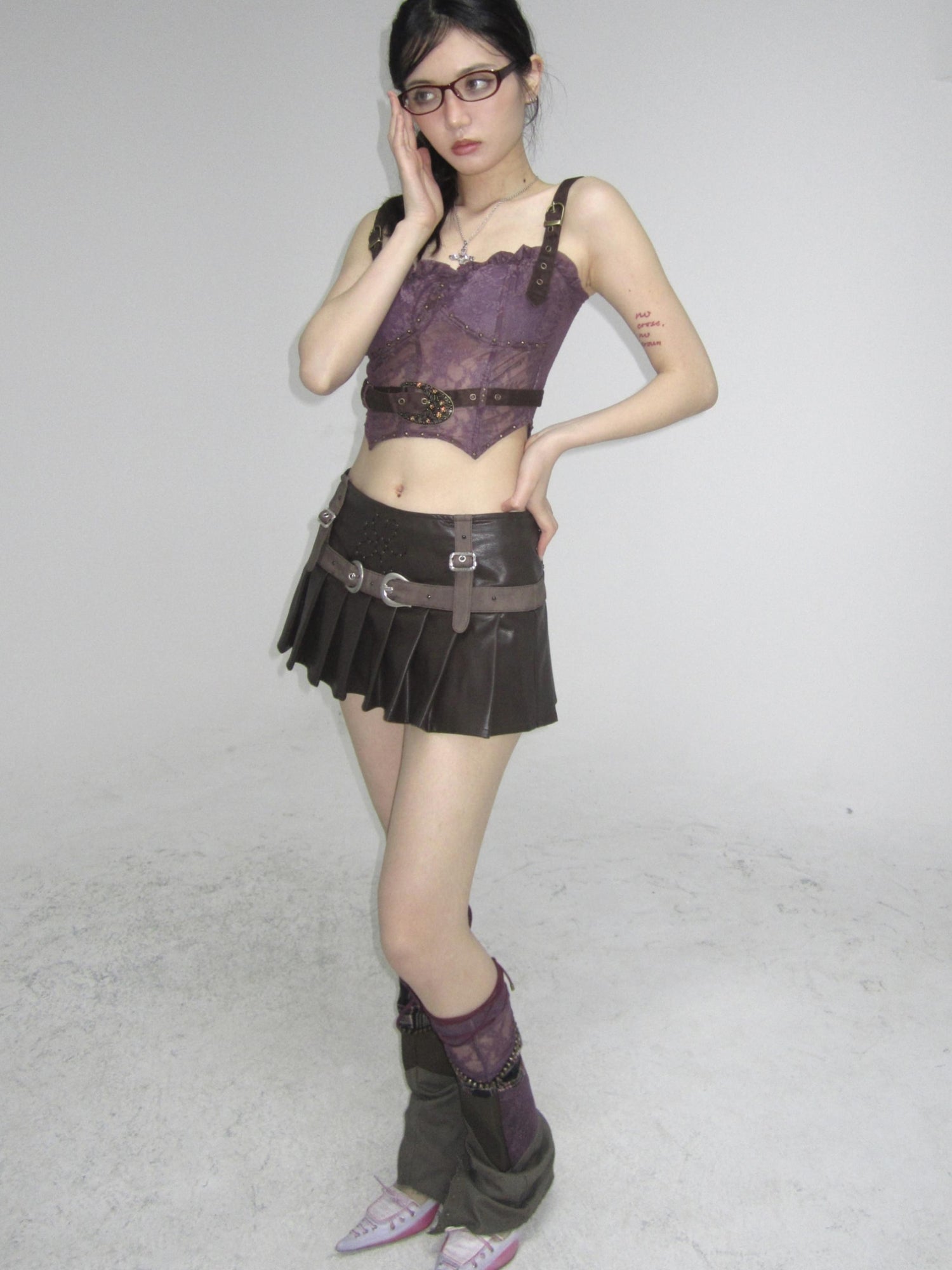 Flowers birds Market Lace Detailed Denim Corset Top With Free Belt