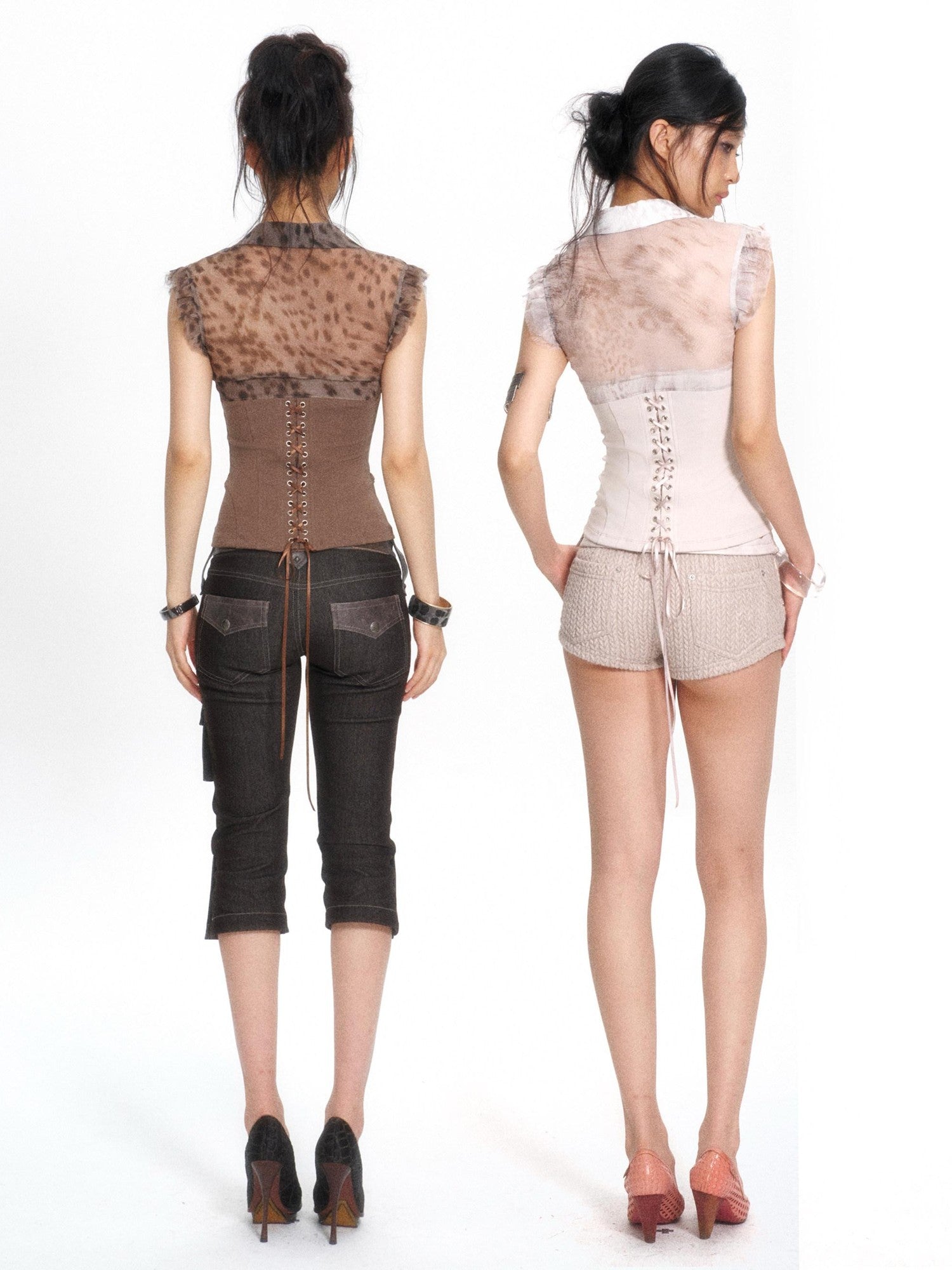 Flowers birds Market Leopard Print Patchwork Knit V-neck Lace Trim Women&