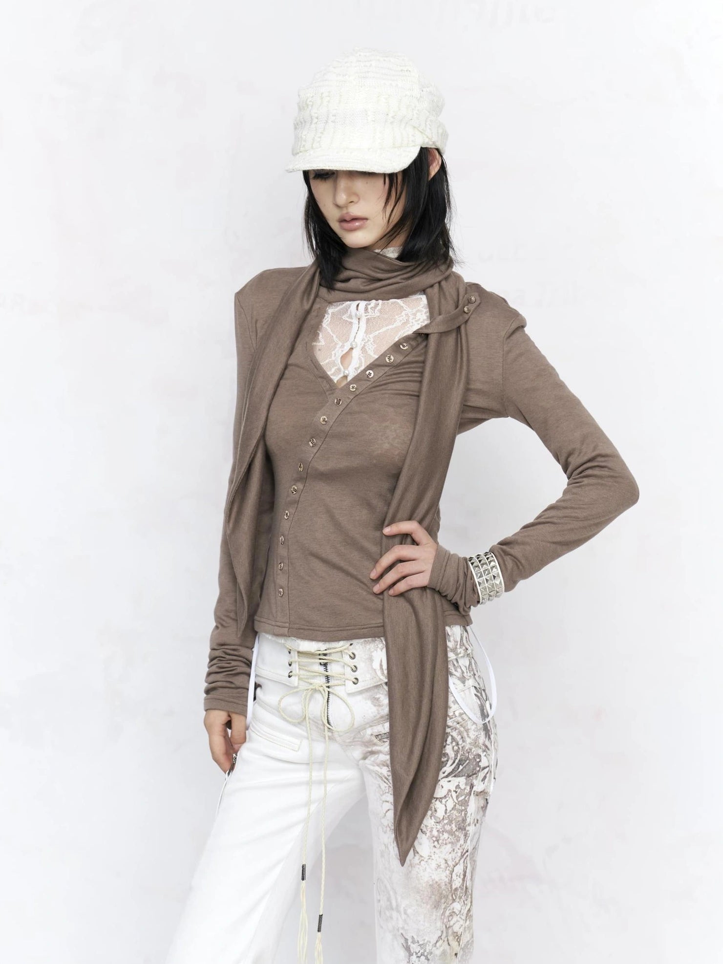 Flowers birds Market Lightweight Womens Slim Fit V Neck Tie Front Long Sleeve Khaki Knit Blouse