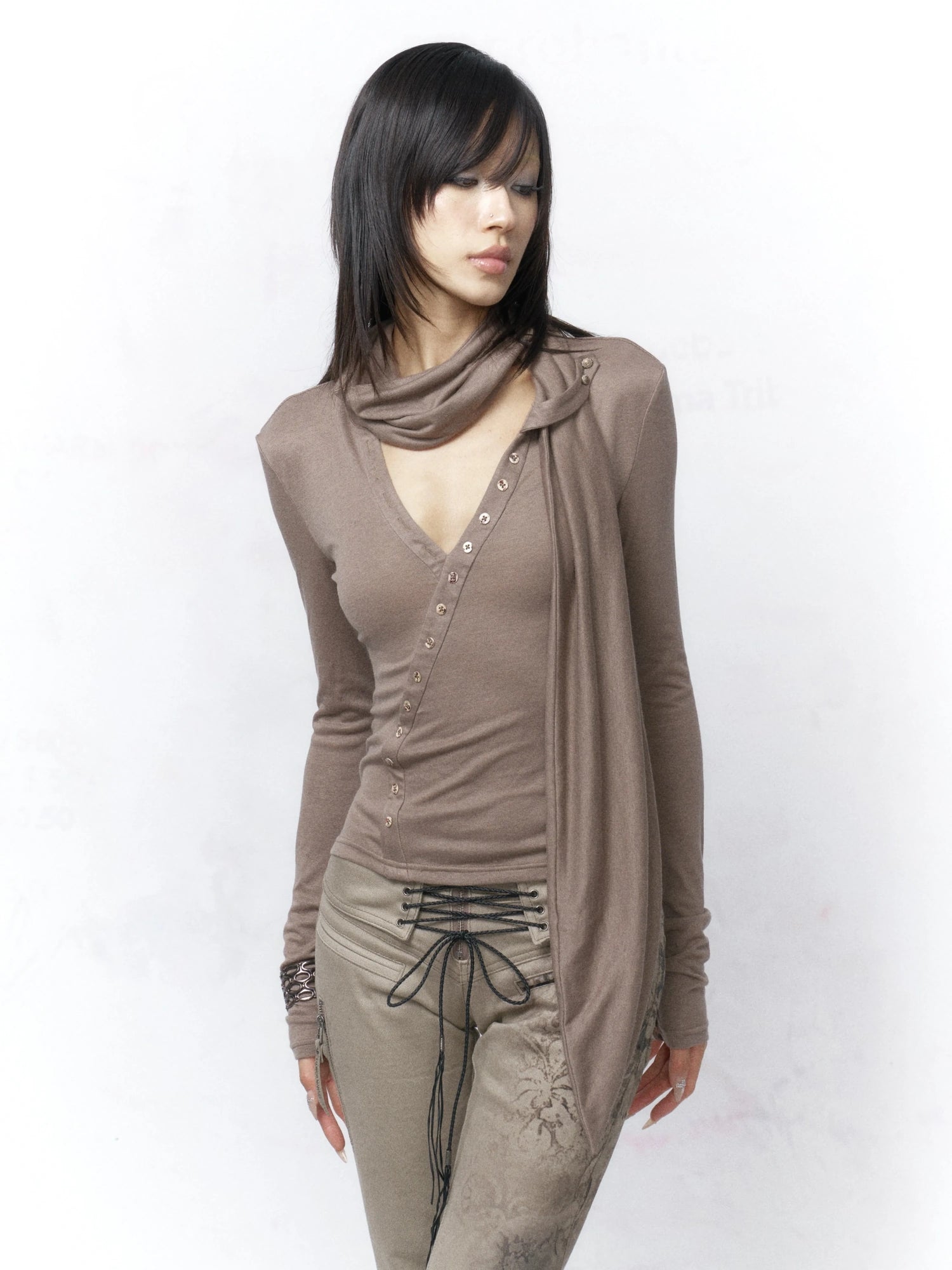 Flowers birds Market Lightweight Womens Slim Fit V Neck Tie Front Long Sleeve Khaki Knit Blouse