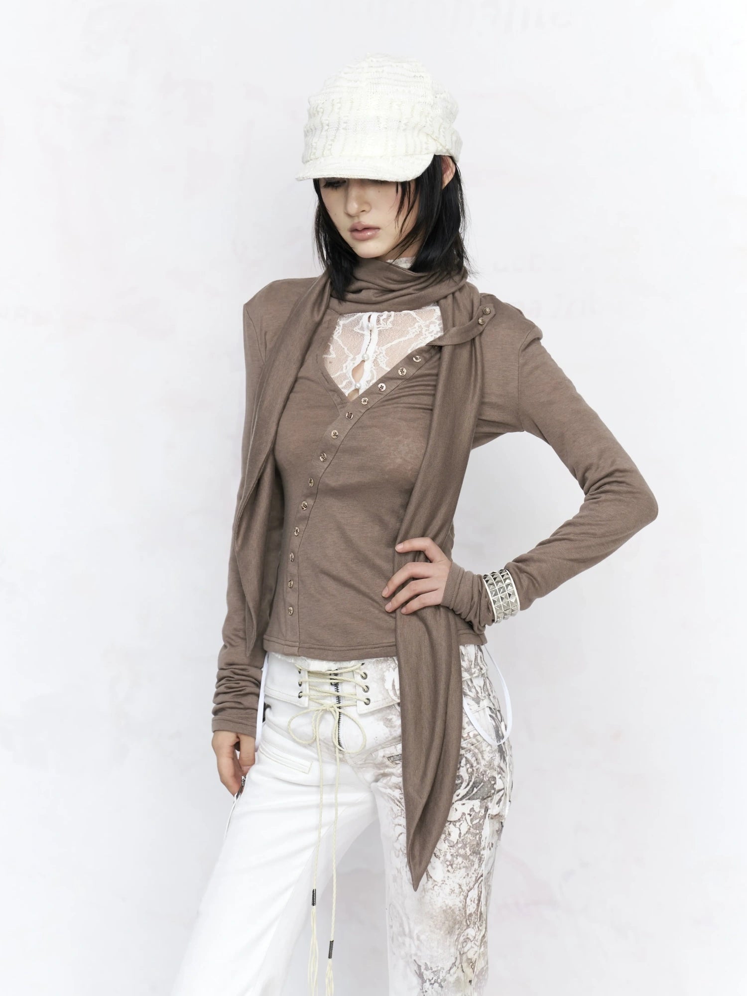 Flowers birds Market Lightweight Womens Slim Fit V Neck Tie Front Long Sleeve Khaki Knit Blouse