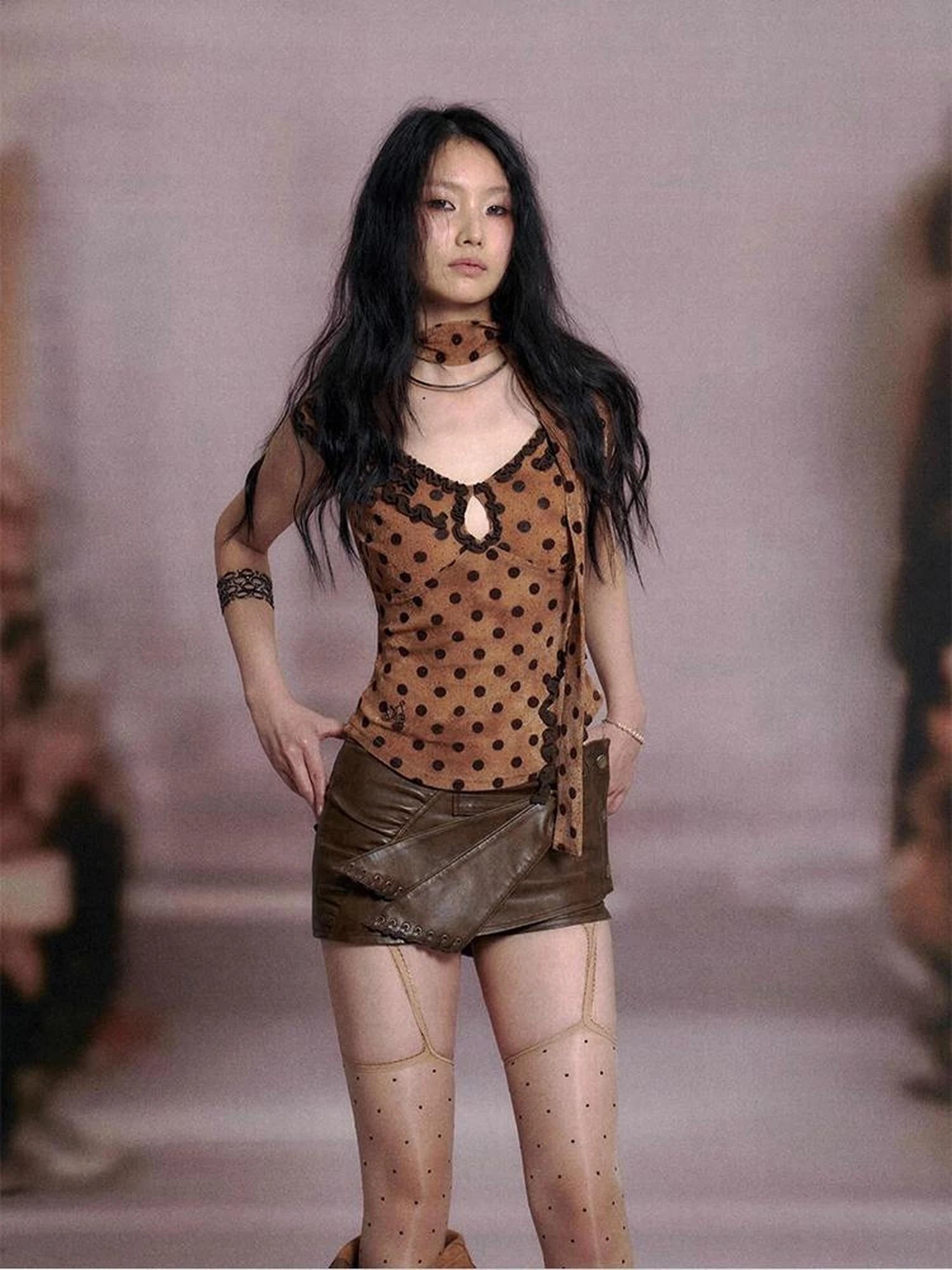 Low Cut Lace Trimmed Slim Fit Polka Dot Vest Top