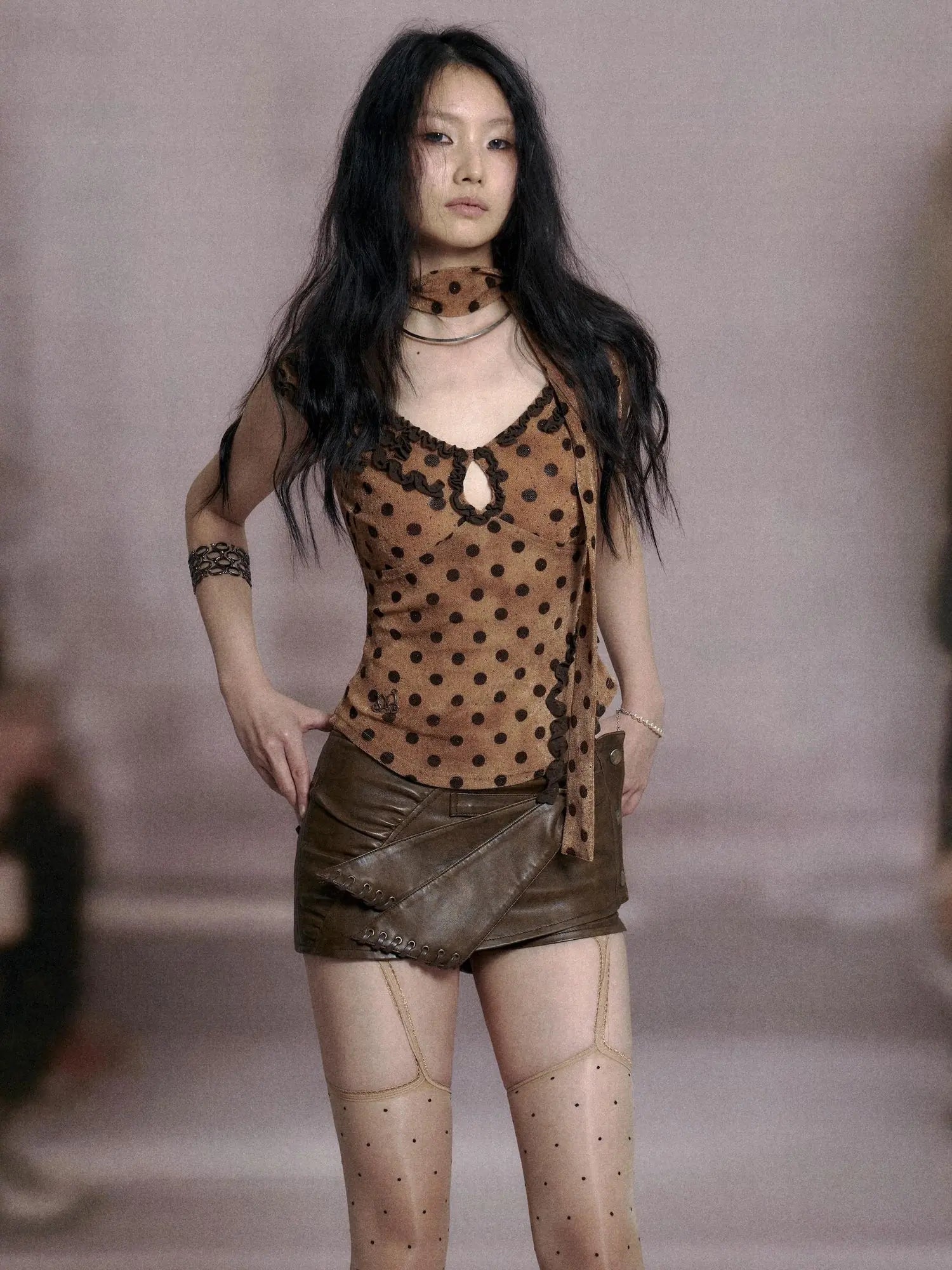 Low Cut Lace Trimmed Slim Fit Polka Dot Vest Top