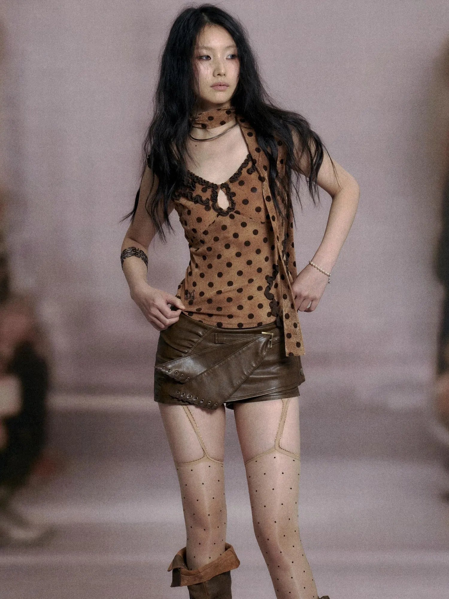 Low Cut Lace Trimmed Slim Fit Polka Dot Vest Top