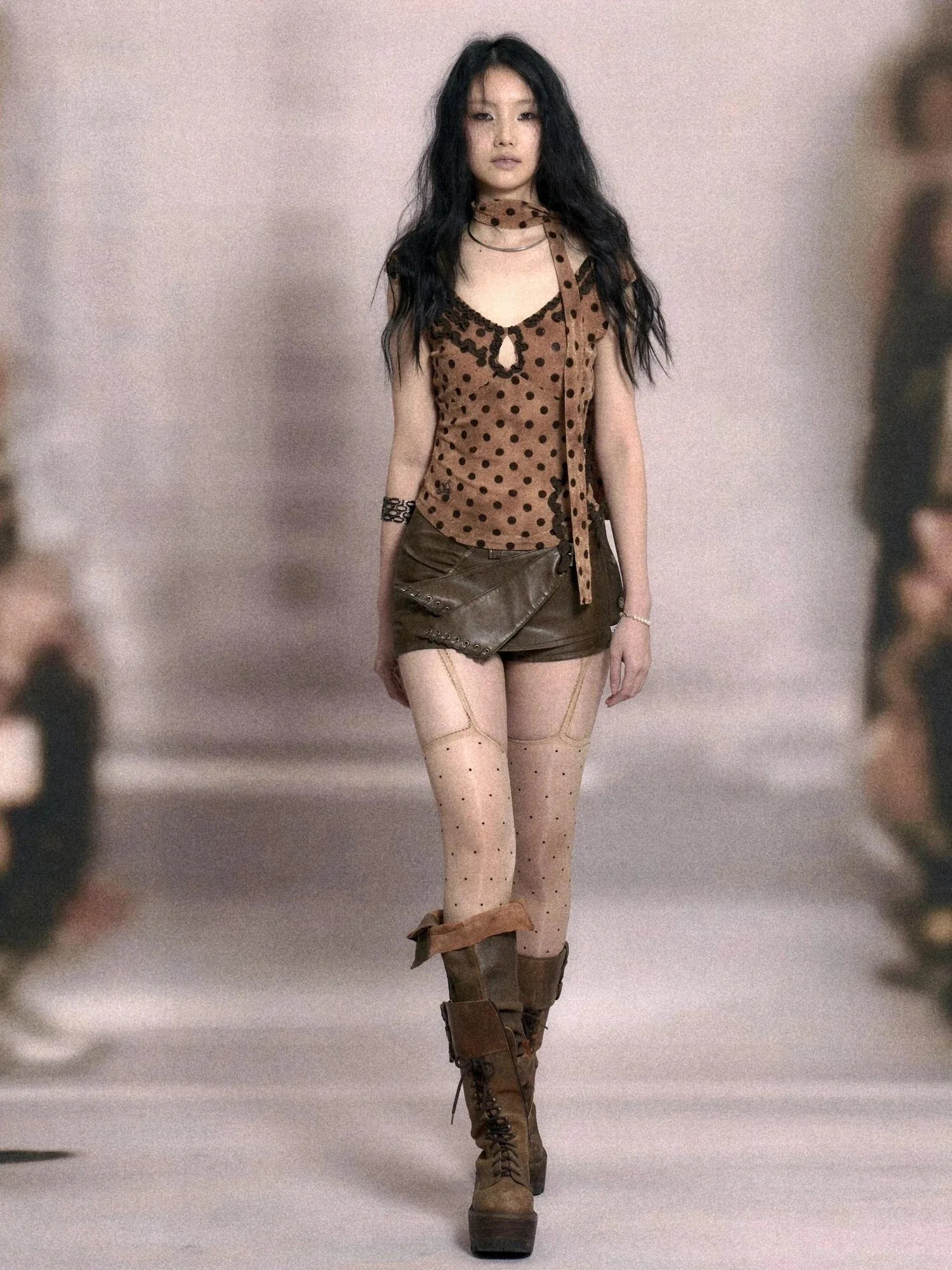 Low Cut Lace Trimmed Slim Fit Polka Dot Vest Top