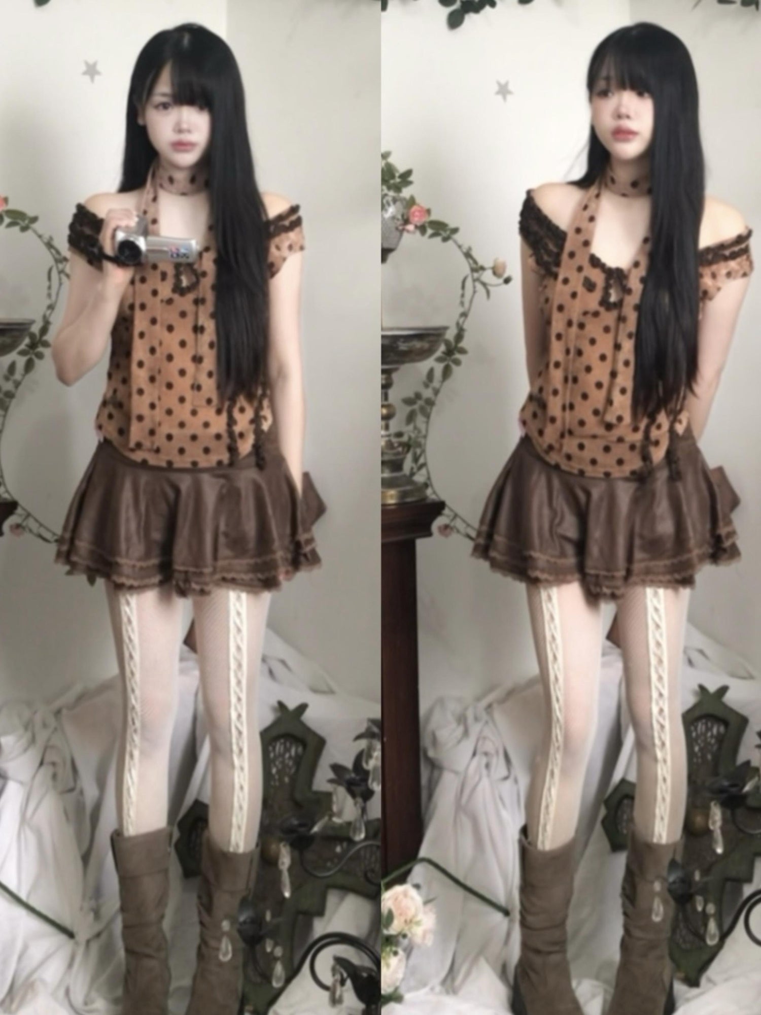 Flowers birds Market Low Cut Lace Trimmed Slim Fit Polka Dot Vest Top
