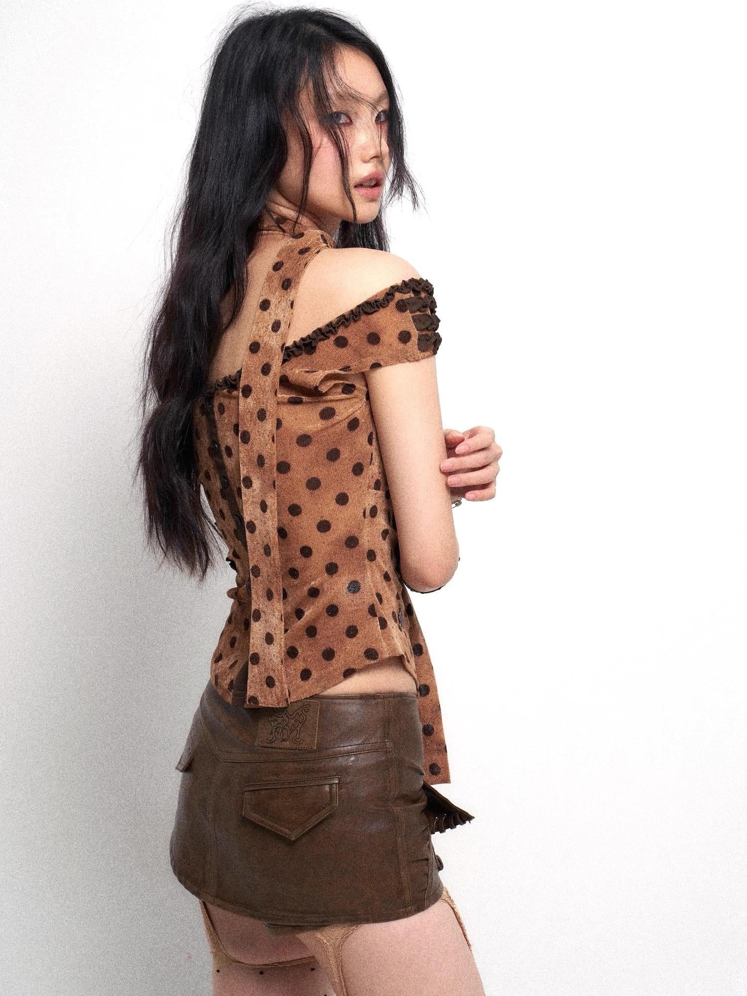 Flowers birds Market Low Cut Lace Trimmed Slim Fit Polka Dot Vest Top