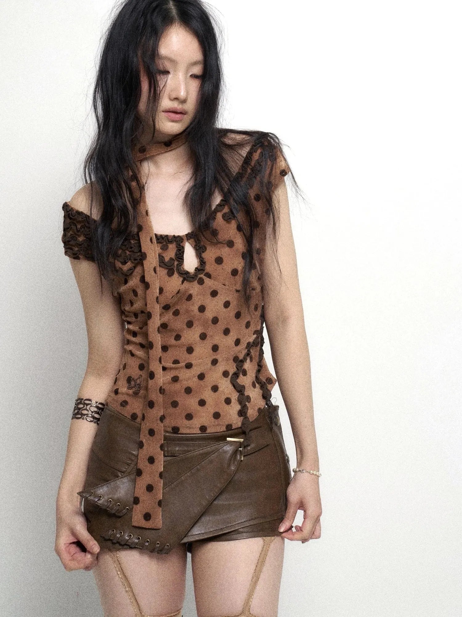 Low Cut Lace Trimmed Slim Fit Polka Dot Vest Top