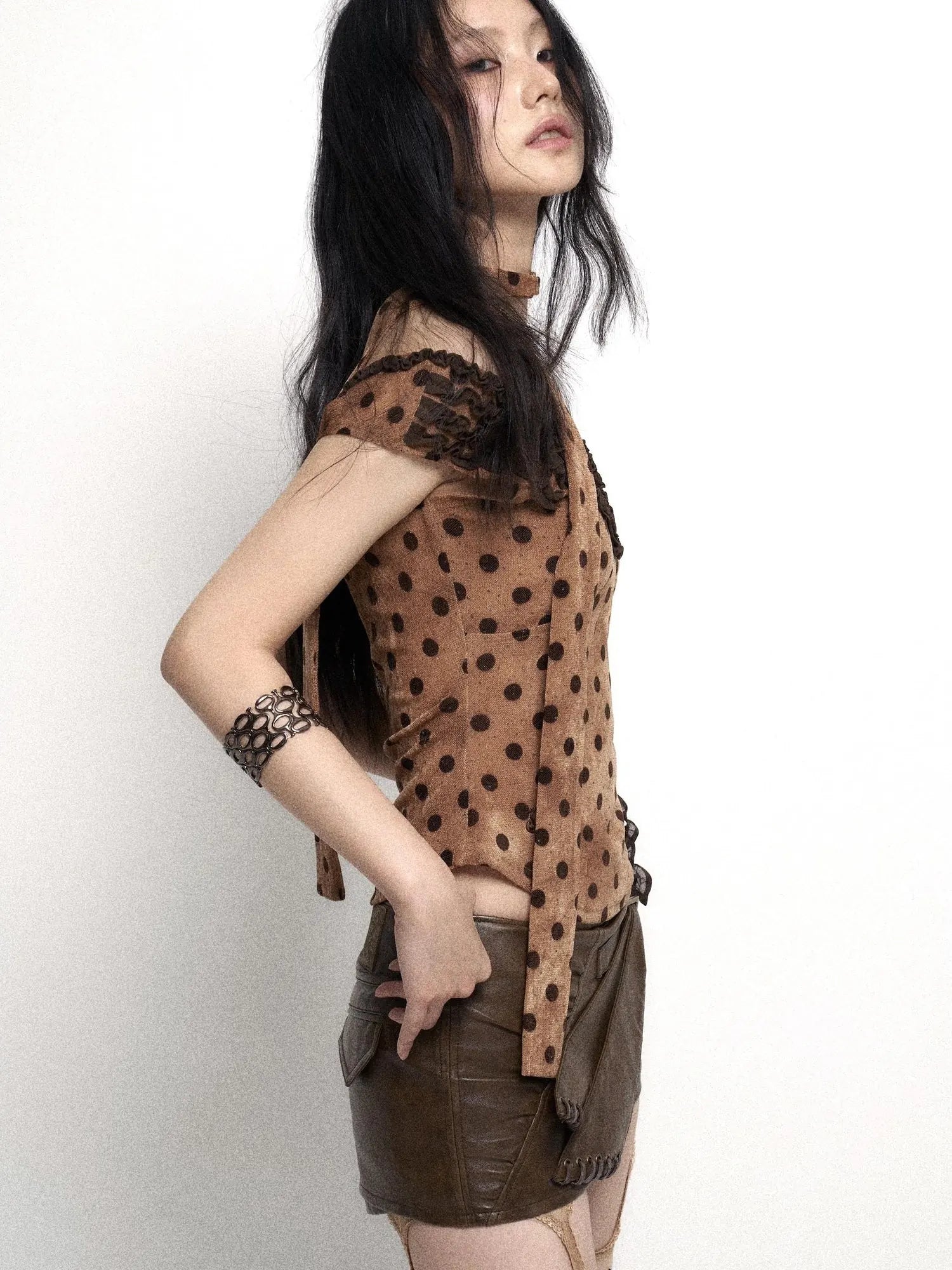 Low Cut Lace Trimmed Slim Fit Polka Dot Vest Top