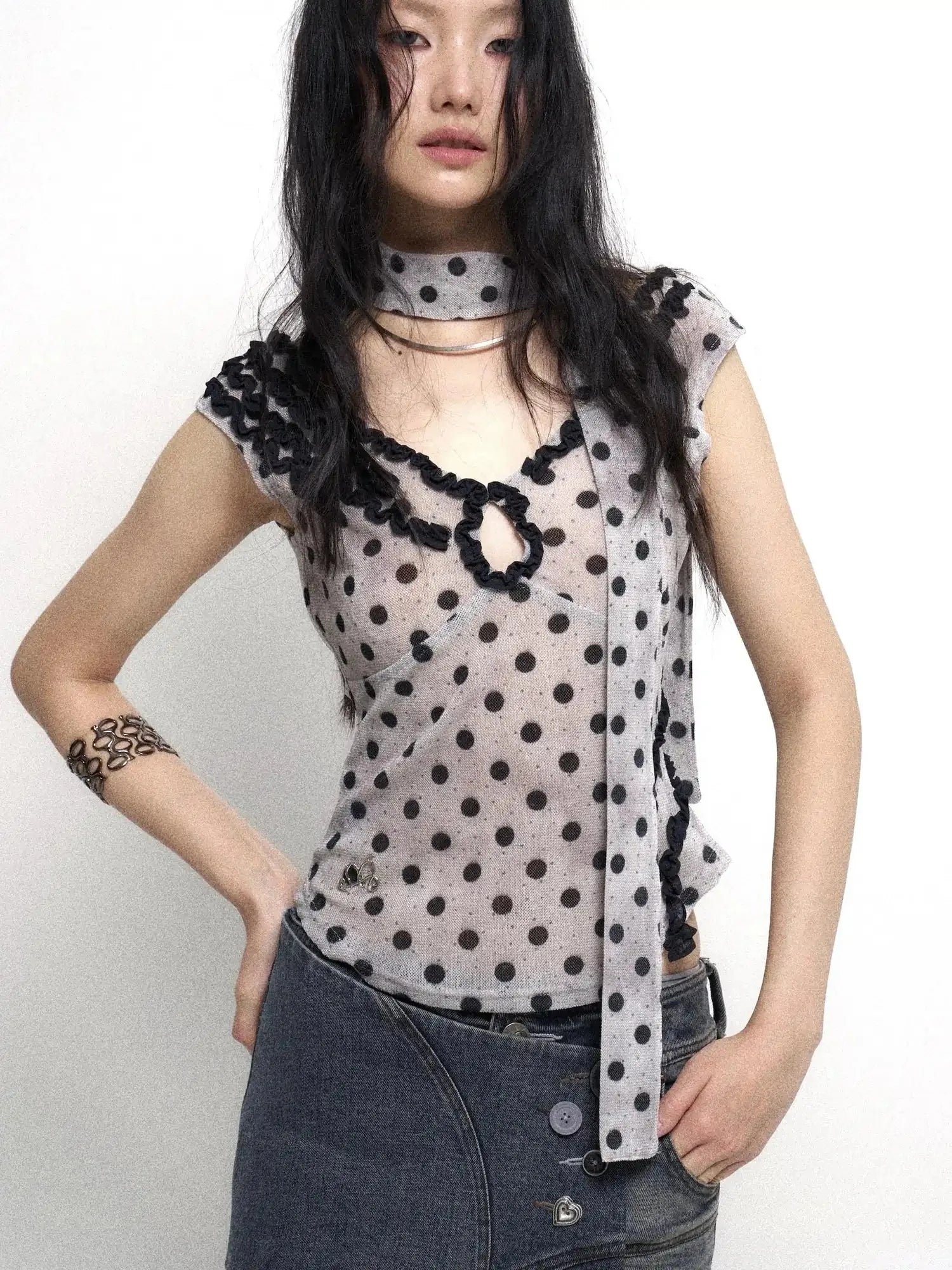 Low Cut Lace Velvet Dot Camisole Top