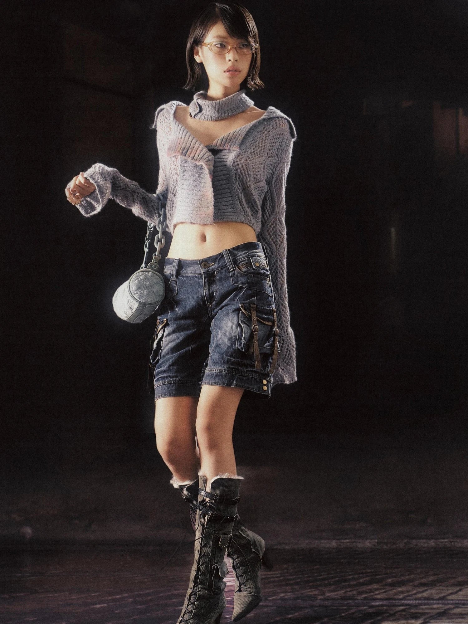 Low Rise Washed Denim Cargo Shorts