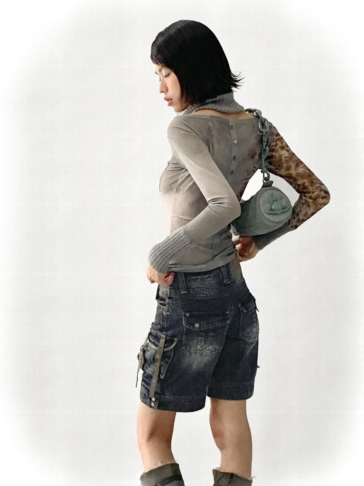 Flowers birds Market Low Rise Washed Denim Cargo Shorts