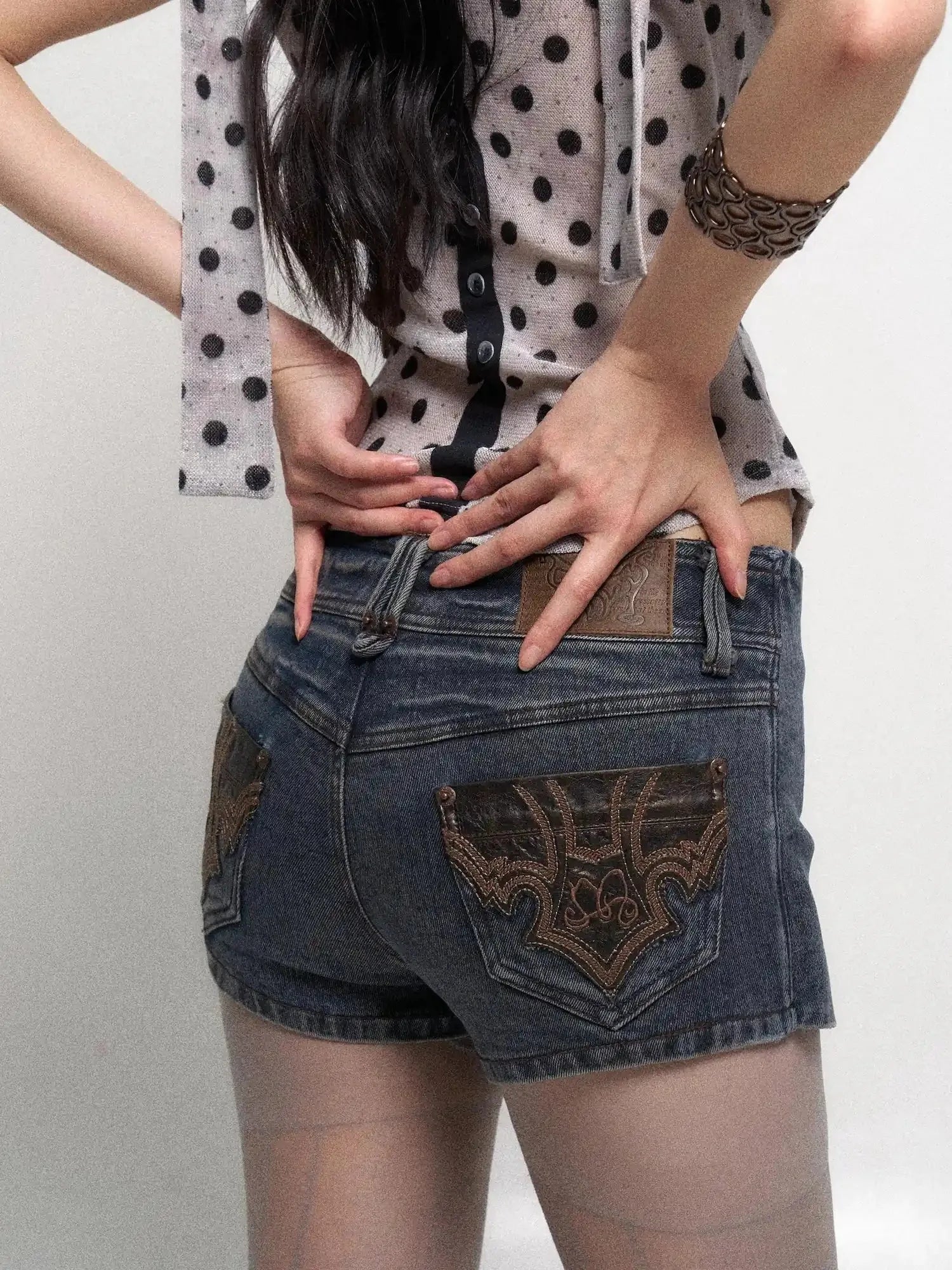 Low Waist Blue Grey Stretch Denim Shorts With Detachable Fur Trim