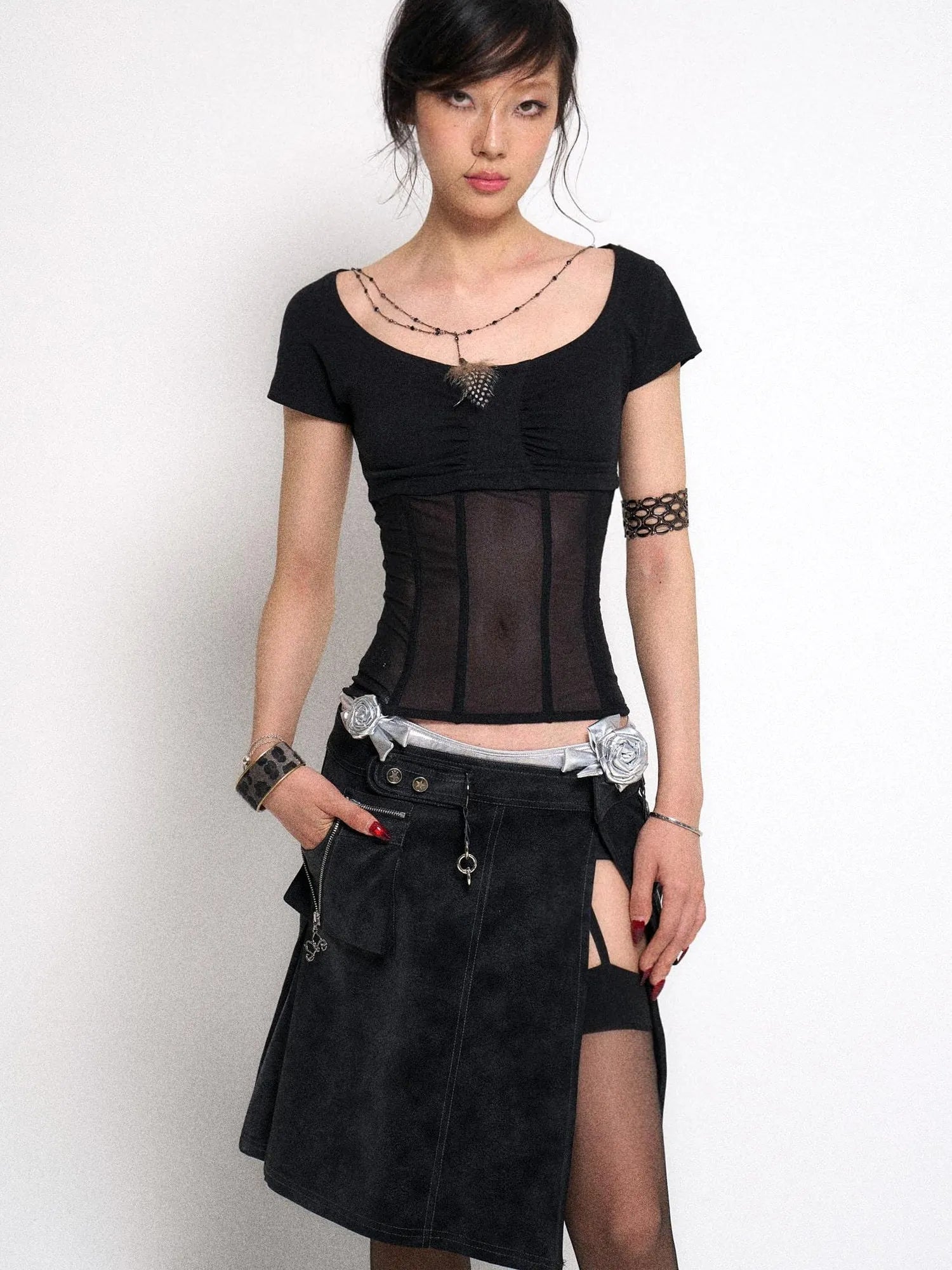 Mesh Panel Ribbed Knit Crop Top