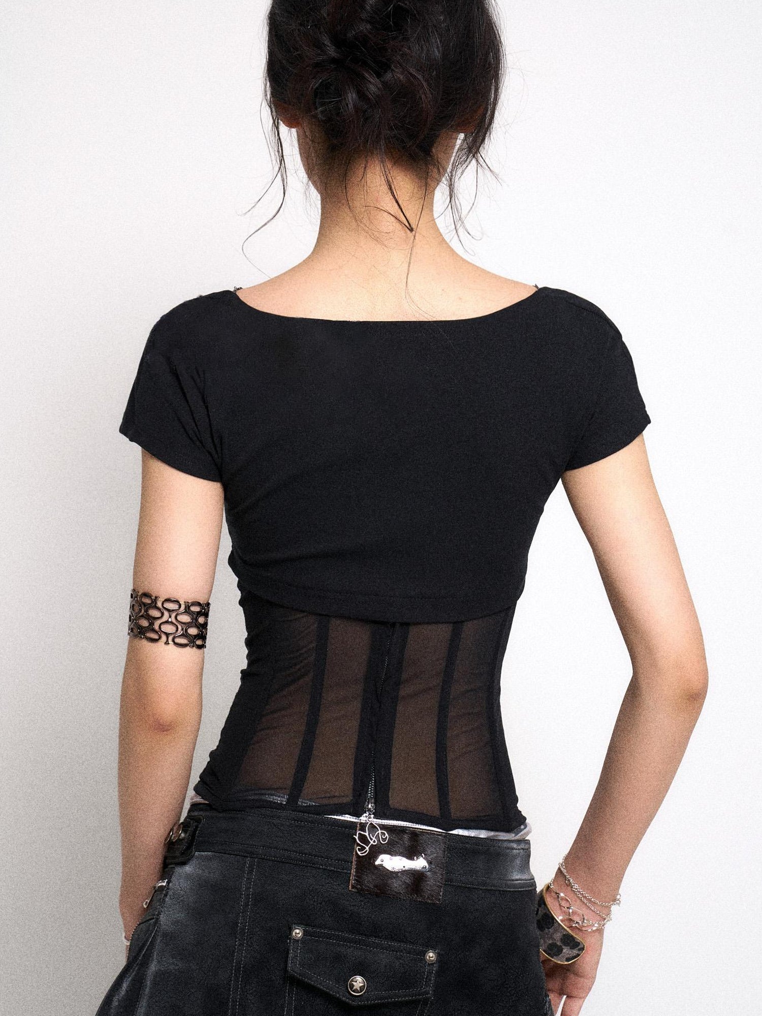 Flowers birds Market Mesh Panel Ribbed Knit Crop Top