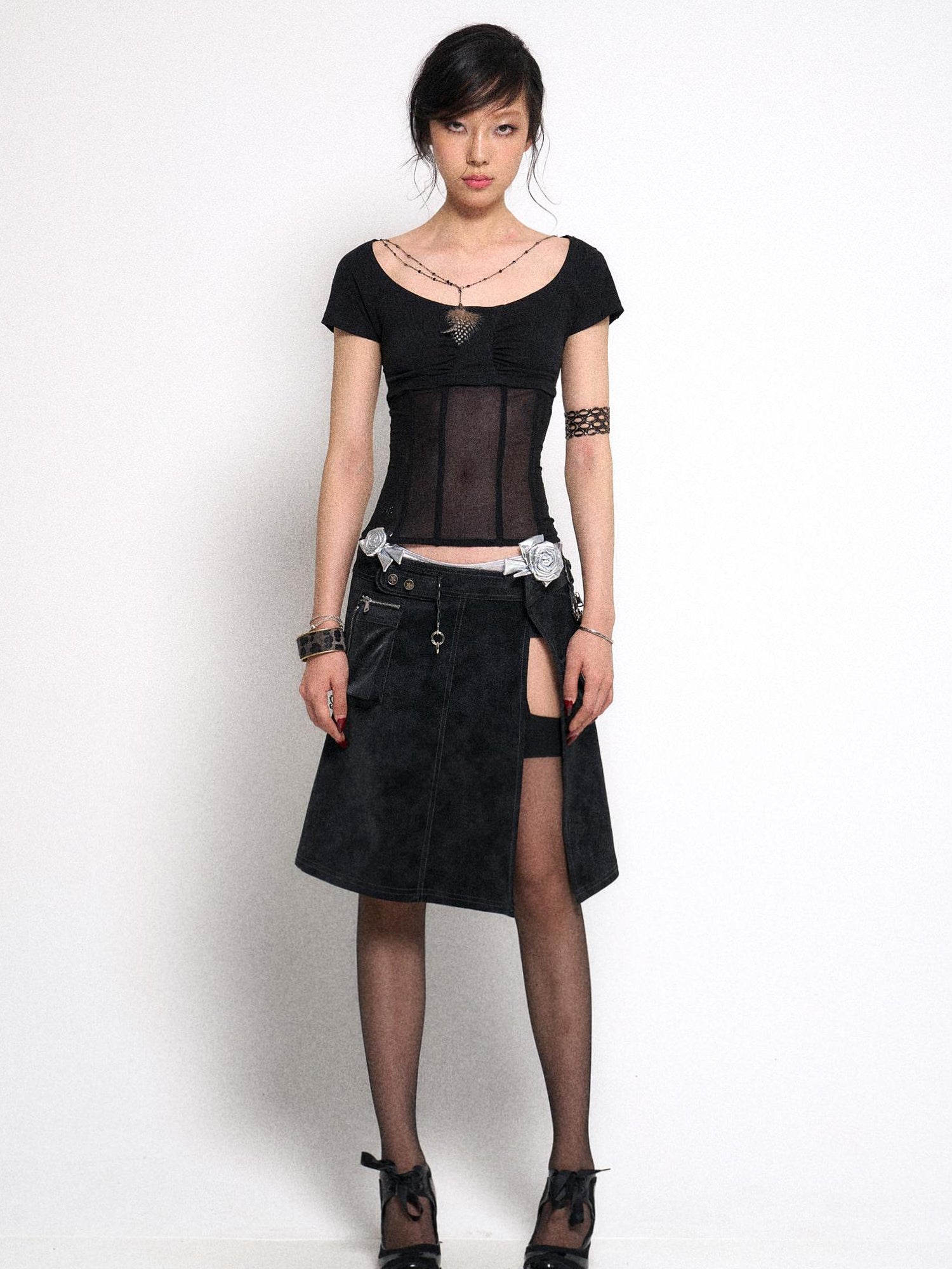 Flowers birds Market Mesh Panel Ribbed Knit Crop Top