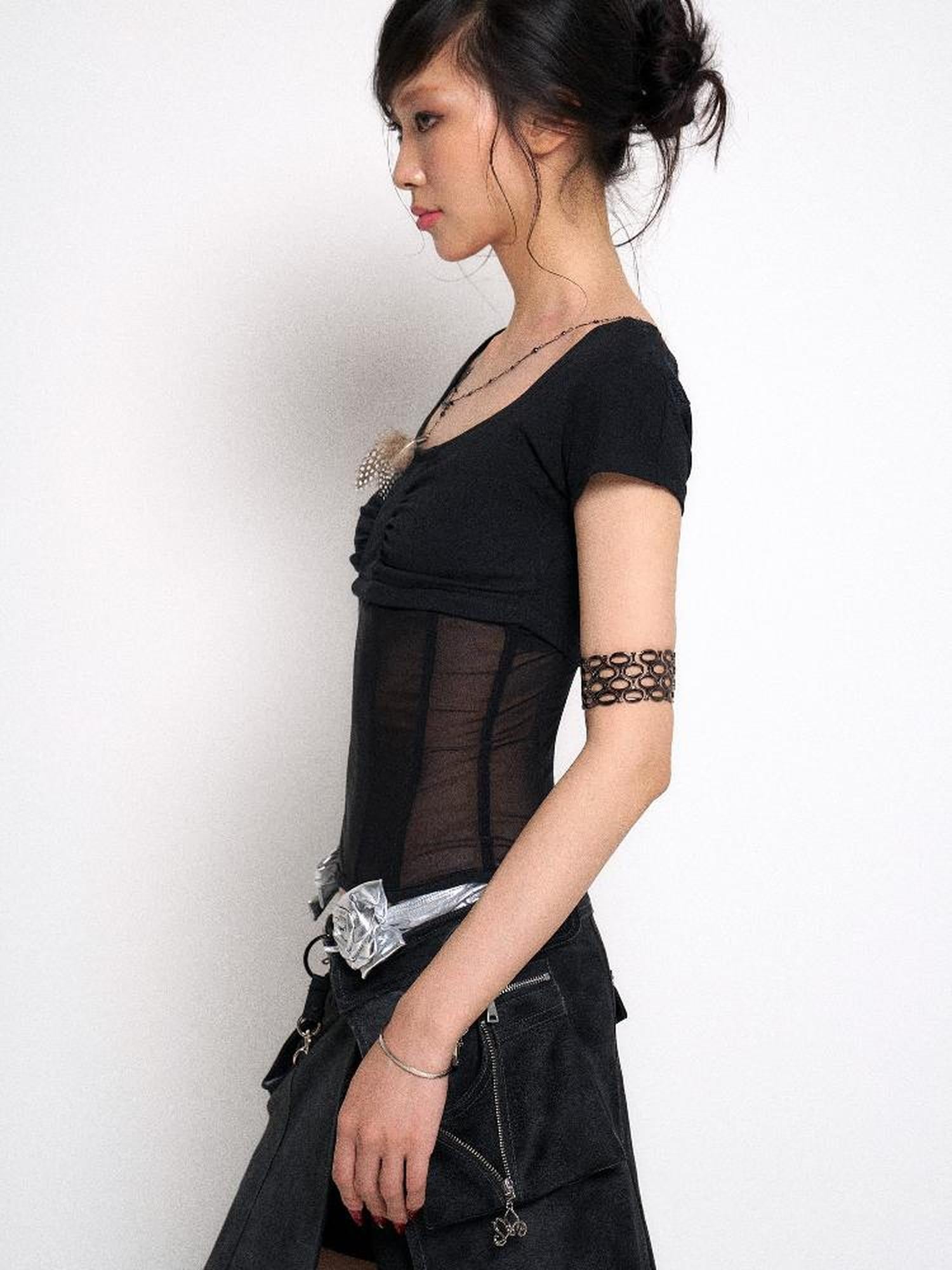 Flowers birds Market Mesh Panel Ribbed Knit Crop Top