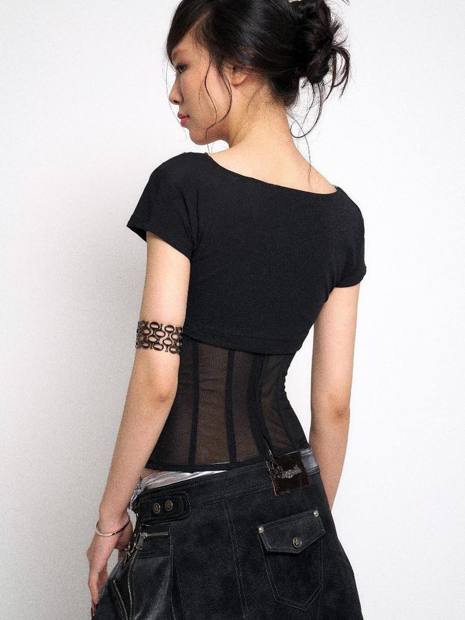 Flowers birds Market Mesh Panel Ribbed Knit Crop Top