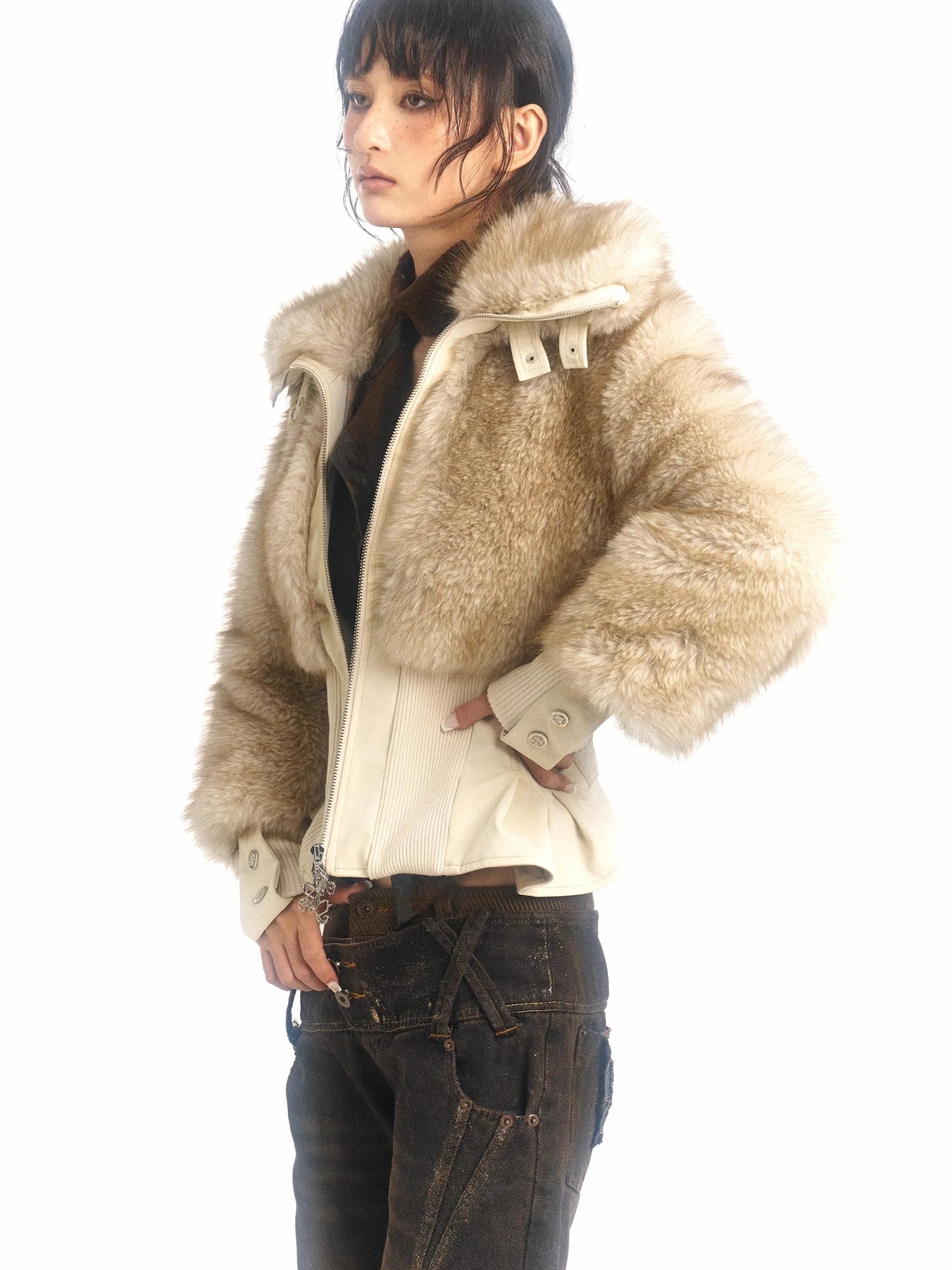 Off White Faux Fur High Neck Slim Fit Jacket With Thick Warm Inner