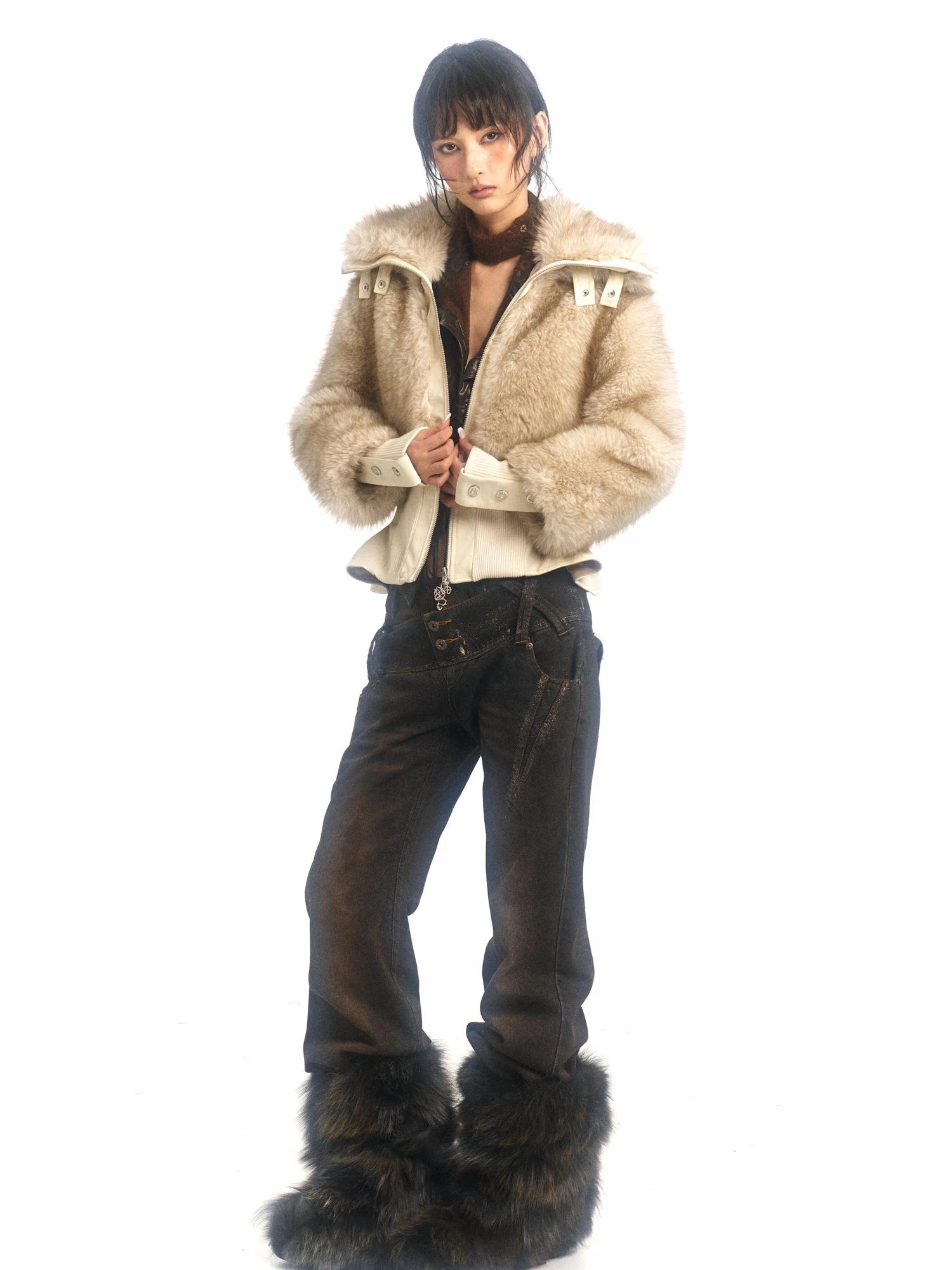 Off White Faux Fur High Neck Slim Fit Jacket With Thick Warm Inner