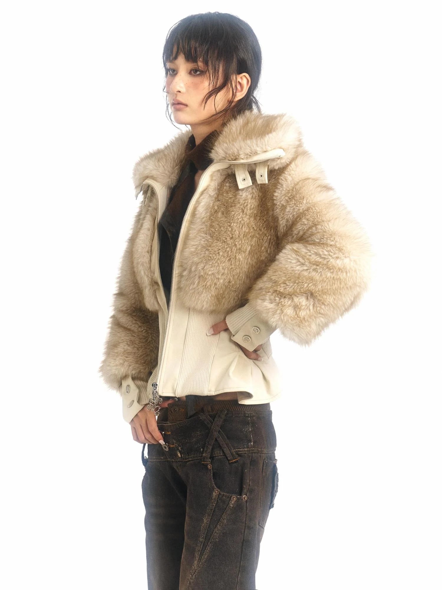 Off White Faux Fur High Neck Slim Fit Jacket With Thick Warm Inner