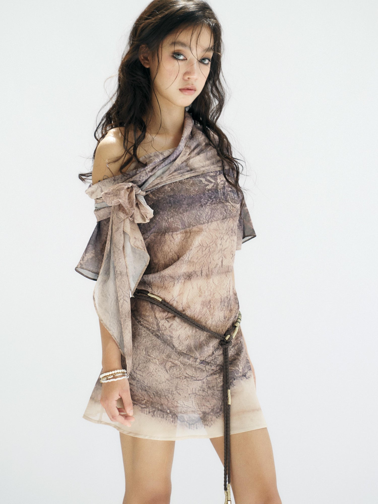 Flowers birds Market One Shoulder Watercolor Print Chiffon Dress With Bow