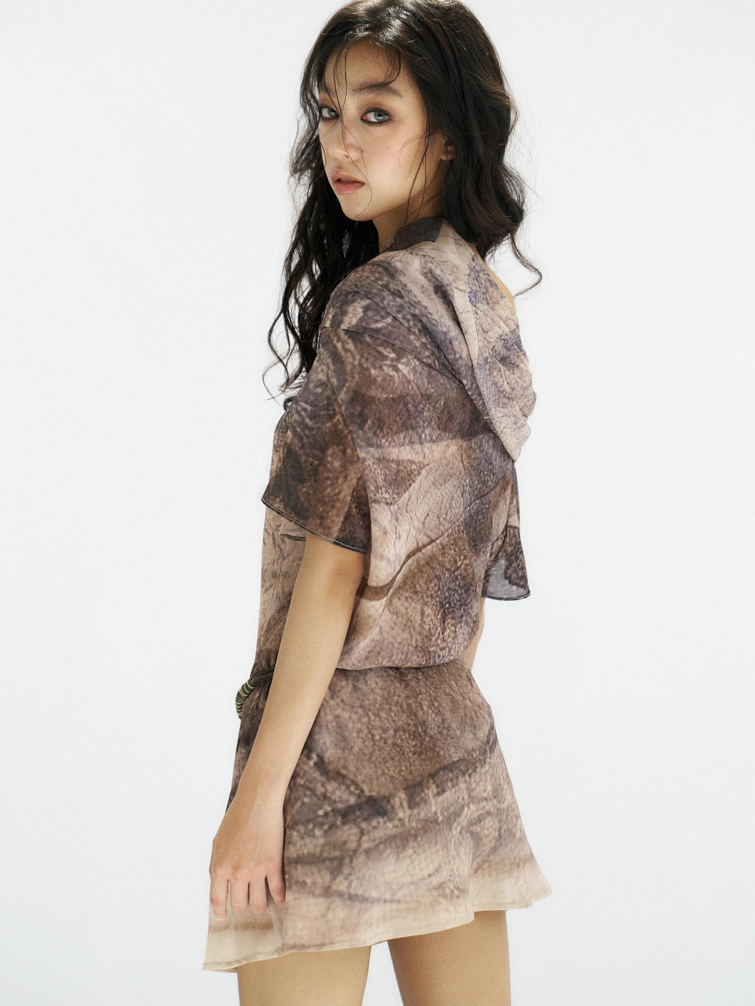 Flowers birds Market One Shoulder Watercolor Print Chiffon Dress With Bow