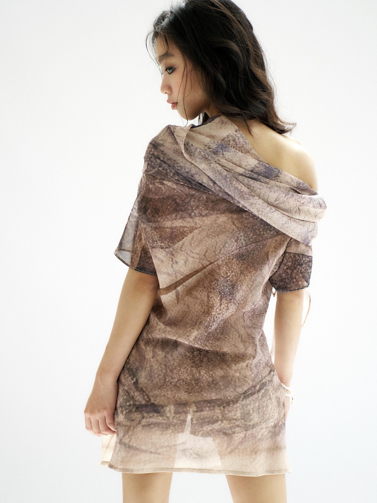 Flowers birds Market One Shoulder Watercolor Print Chiffon Dress With Bow