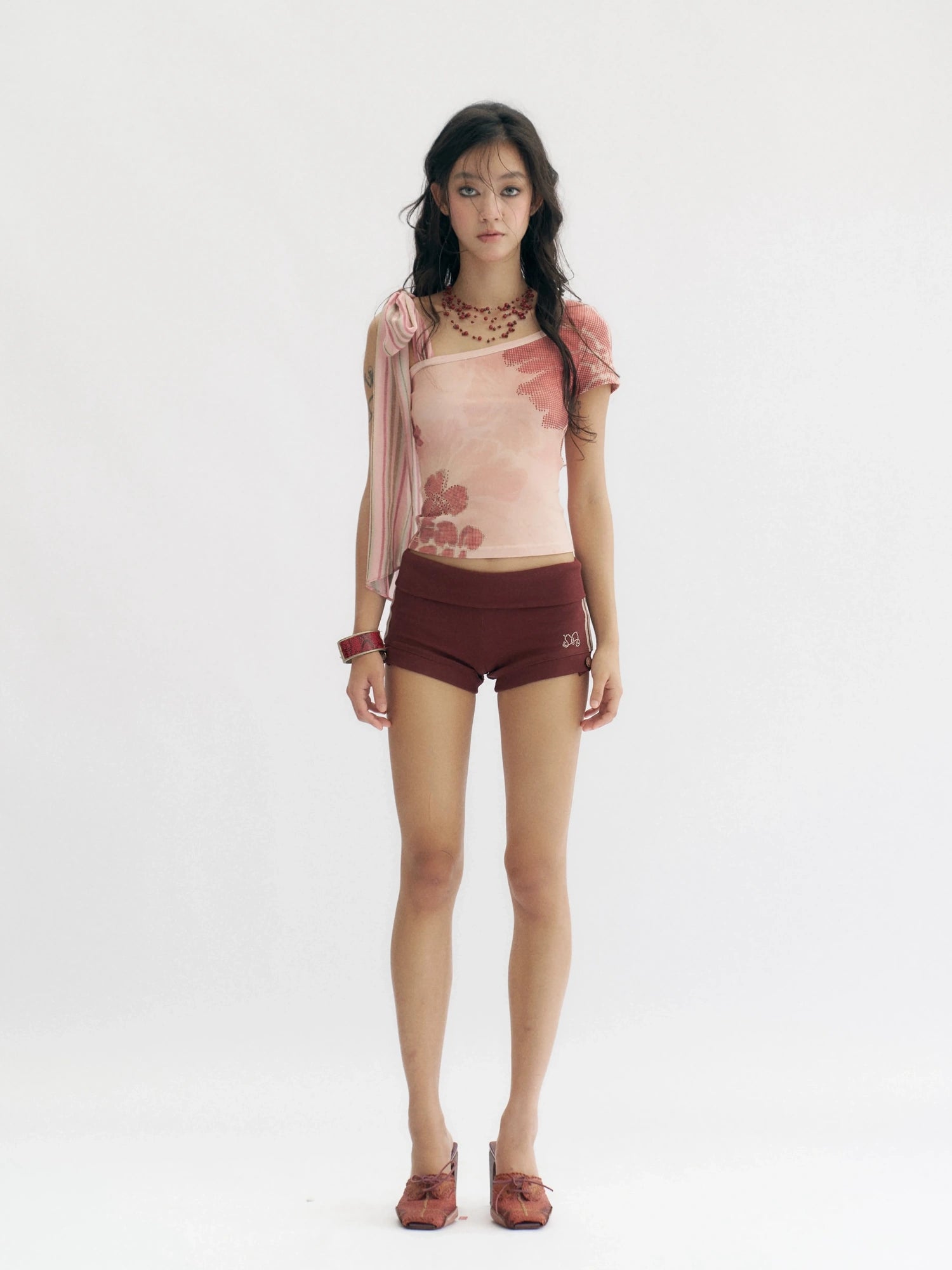 Flowers birds Market Pink Floral Rhinestone Y2K Asymmetric Slim Fit Women Cotton Short Sleeve T-Shirt