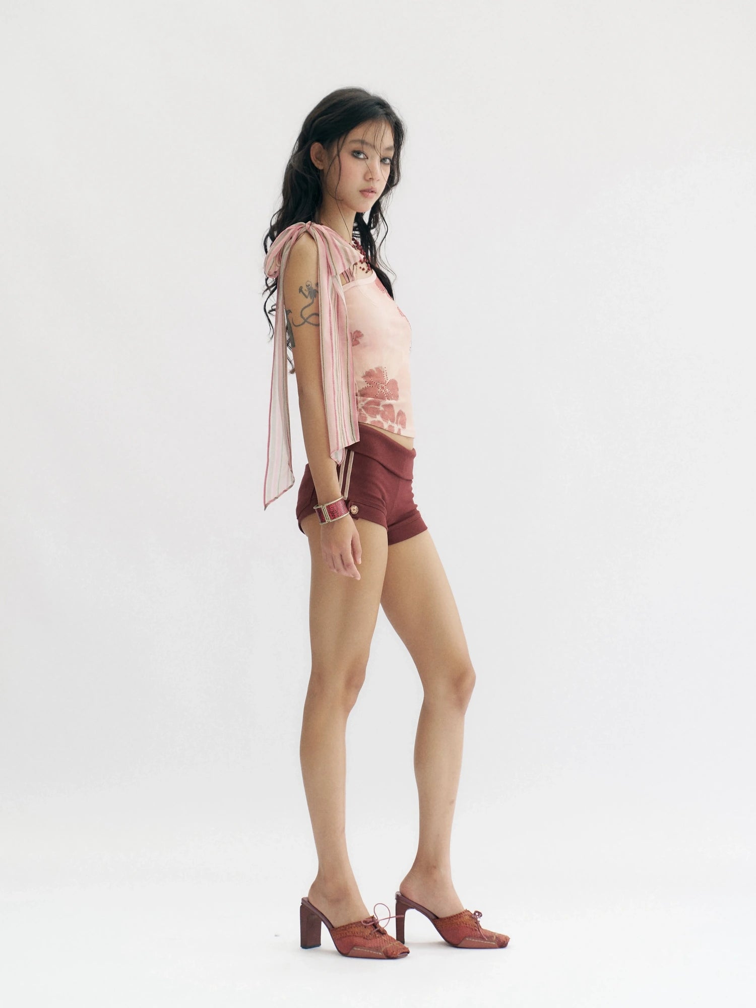 Flowers birds Market Pink Floral Rhinestone Y2K Asymmetric Slim Fit Women Cotton Short Sleeve T-Shirt