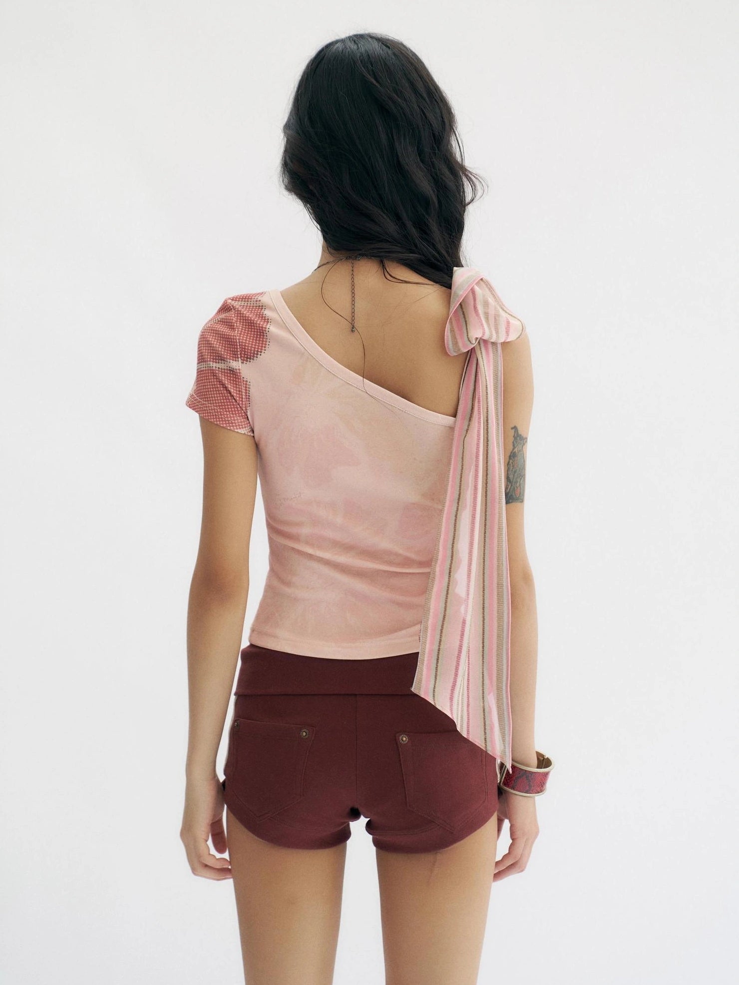 Flowers birds Market Pink Floral Rhinestone Y2K Asymmetric Slim Fit Women Cotton Short Sleeve T-Shirt