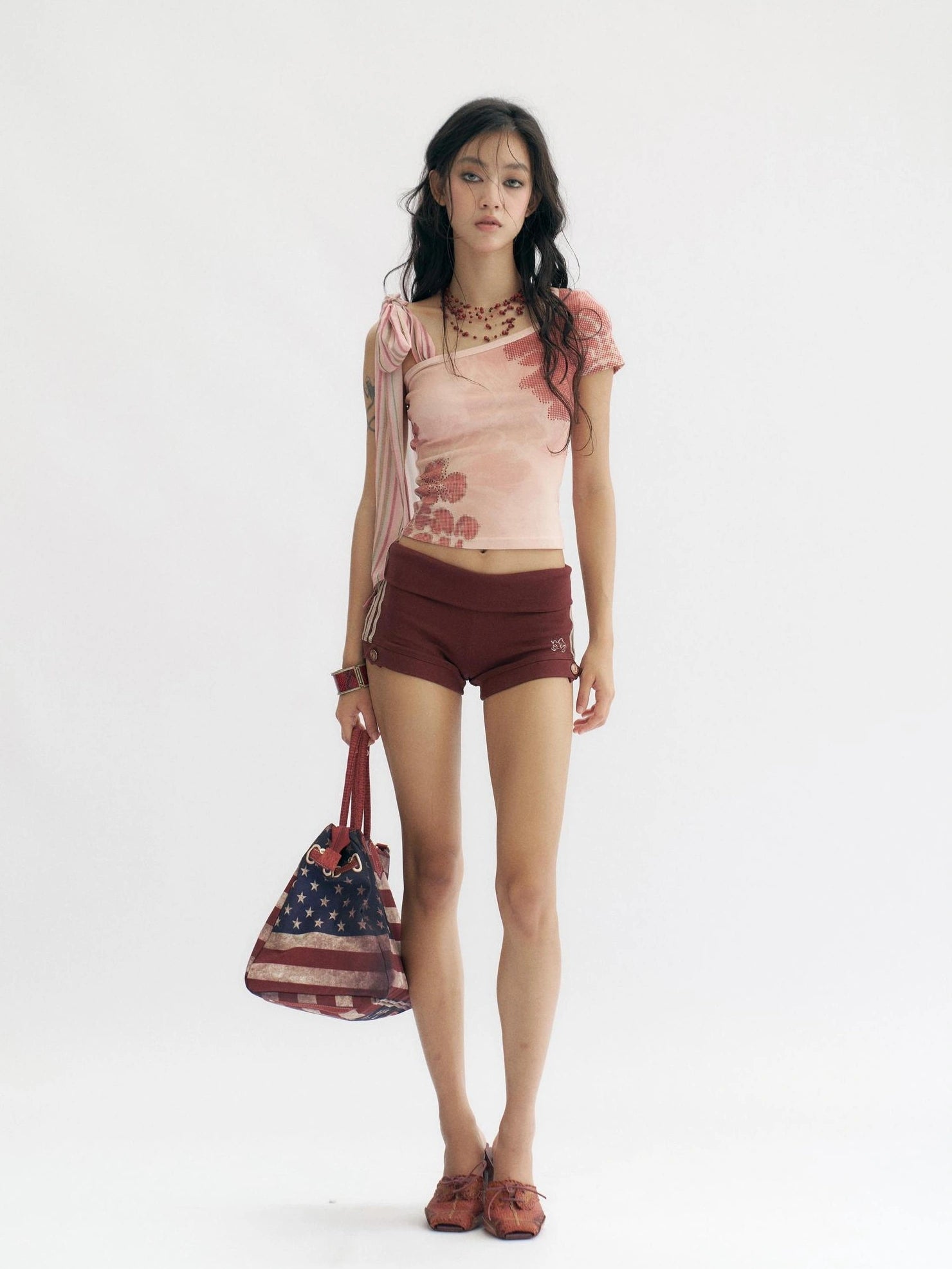 Flowers birds Market Pink Floral Rhinestone Y2K Asymmetric Slim Fit Women Cotton Short Sleeve T-Shirt